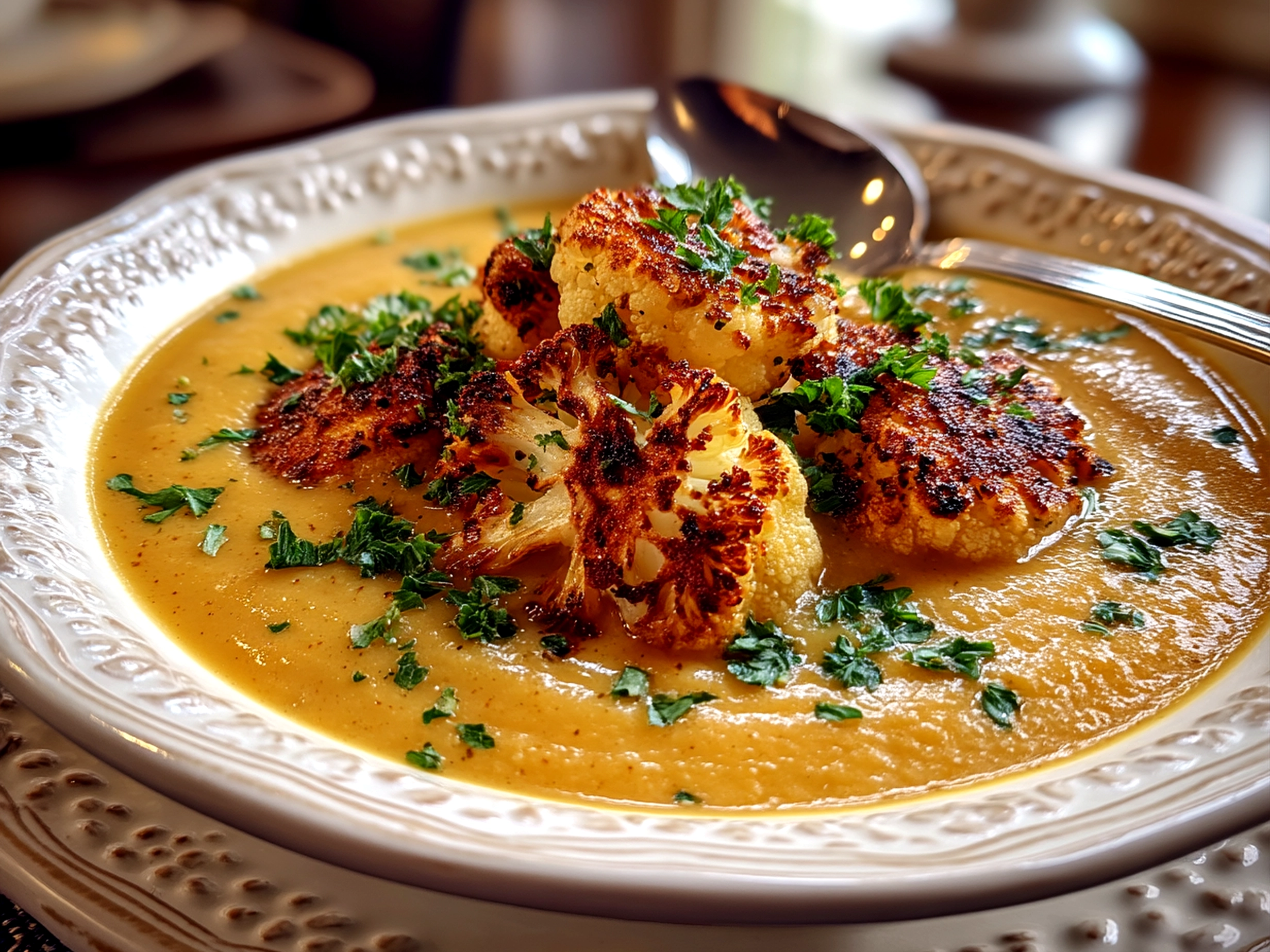 Close up of finished beautiful roasted cauliflower soup served fresh and vibrant