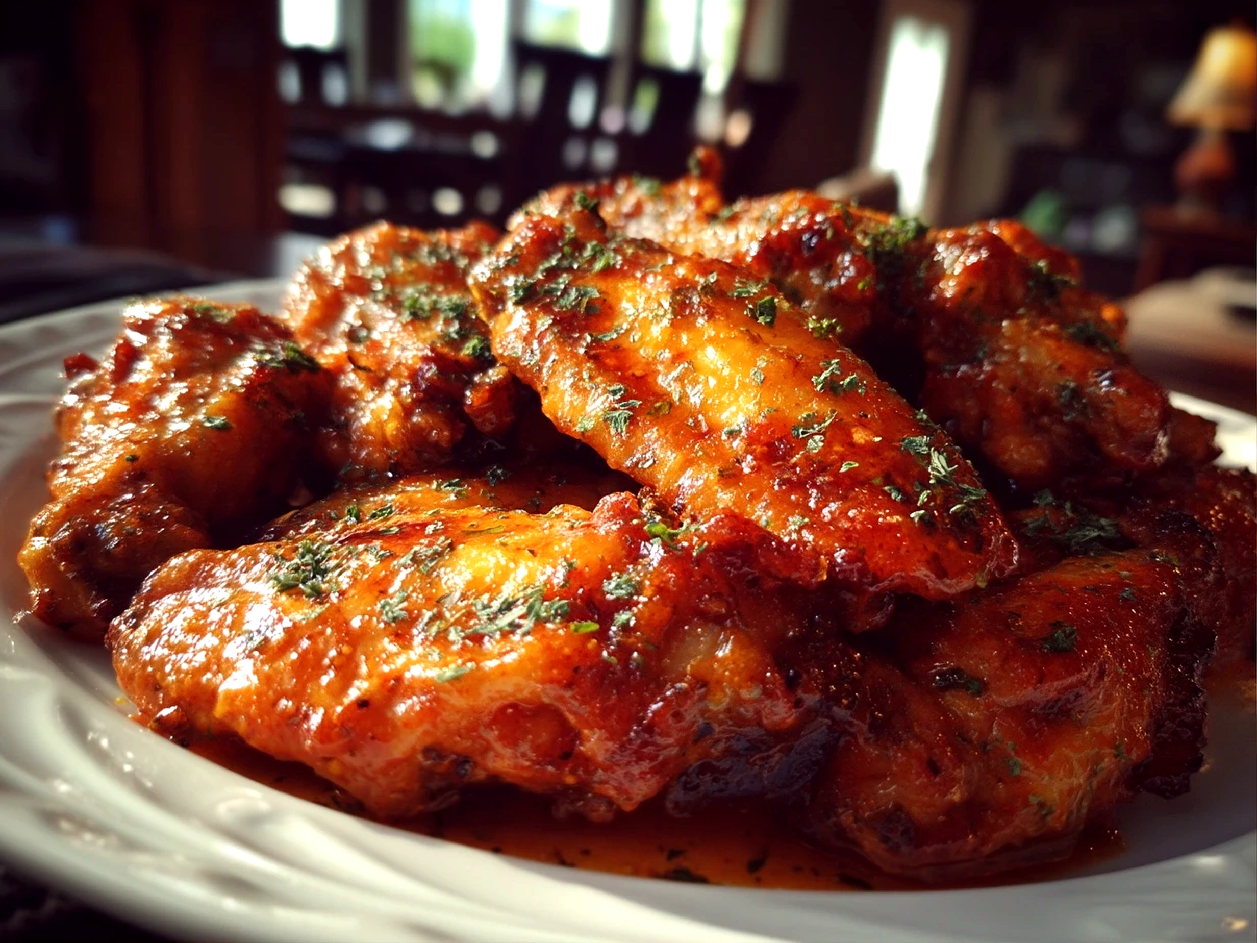 Close up of finished comforting crockpot buffalo wings on a plate with warm appetizing look