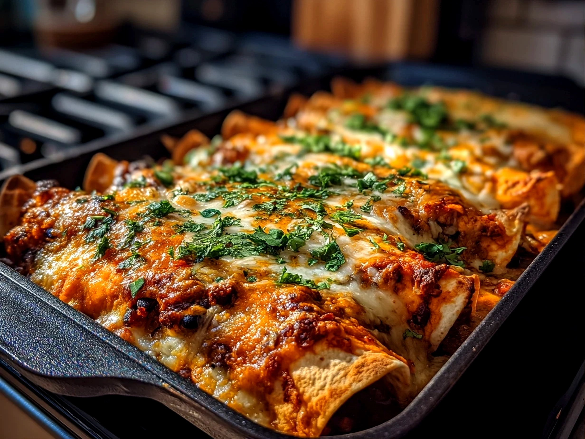 Close-up of finished comforting Sweet Potato Black Bean Enchiladas served warmly on a plate.