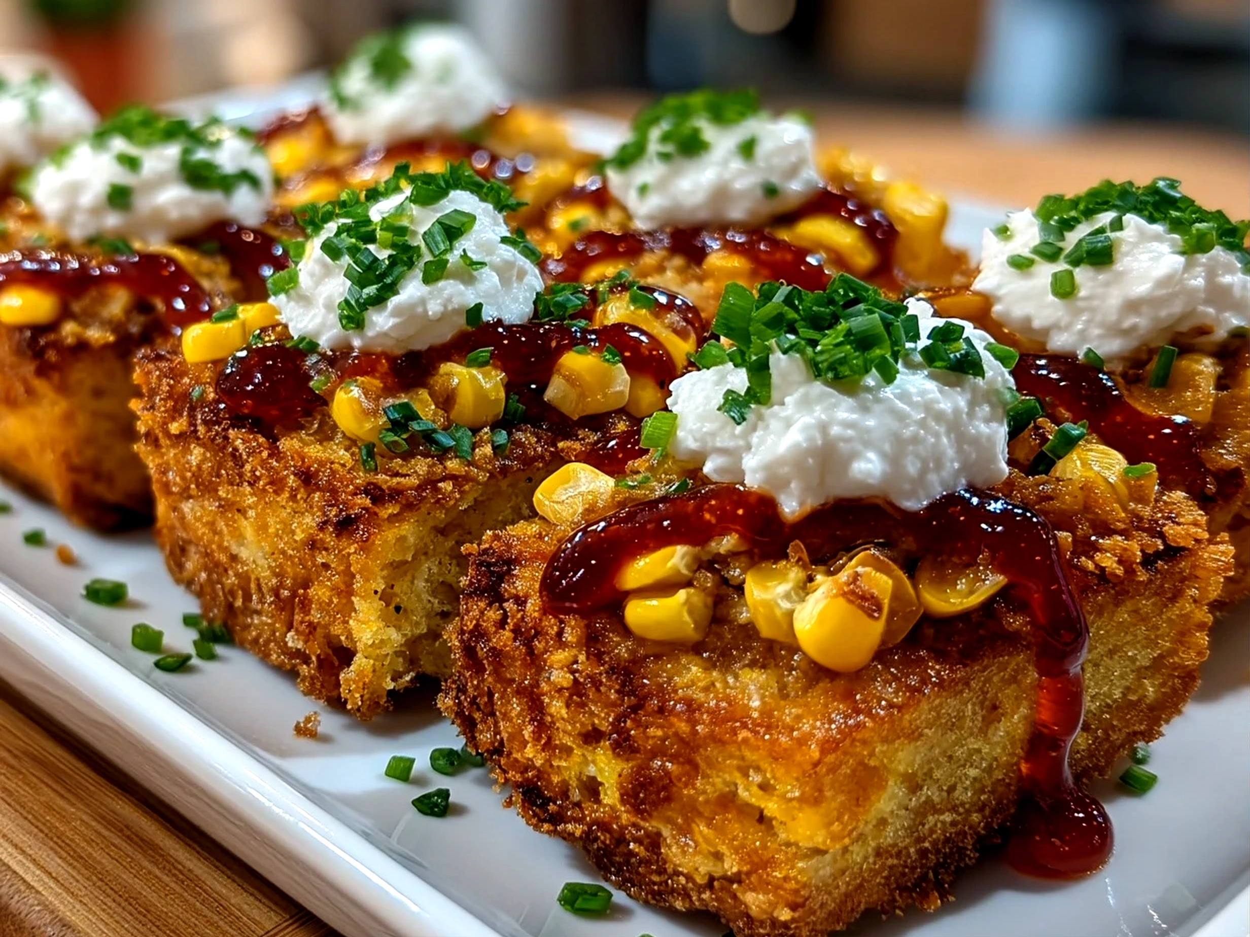 Freshly prepared crispy corn toast bites served on a rustic platter, vibrant and inviting close-up