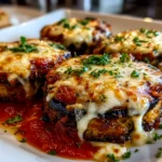 Amateur kitchen, taken with iPhone 14. Close-up slight angle of freshly prepared Eggplant Parmesan Stacks on white plate. Mouthwatering --ar 4:3 --style raw --s 243