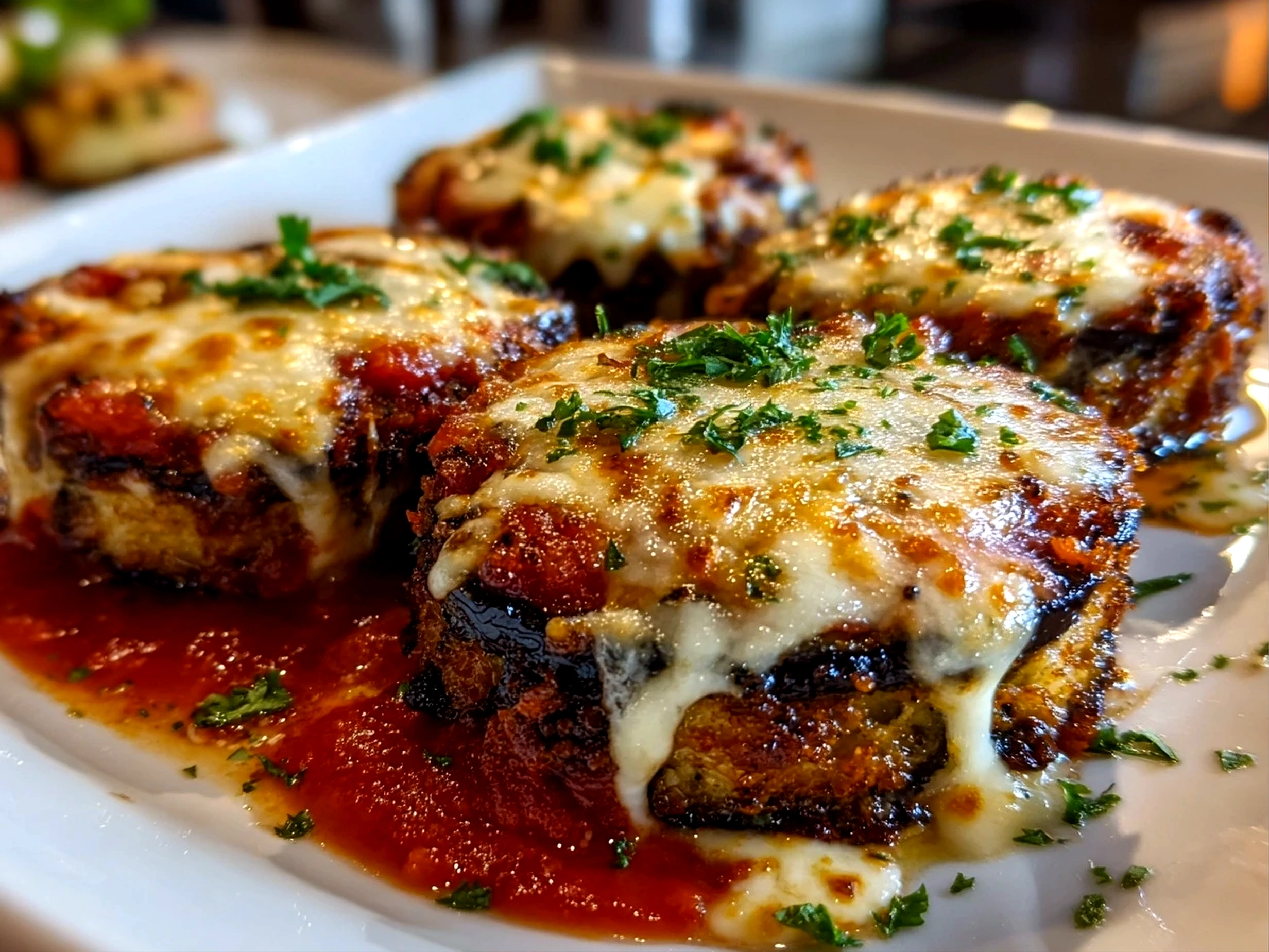 Amateur kitchen, taken with iPhone 14. Close-up slight angle of freshly prepared Eggplant Parmesan Stacks on white plate. Mouthwatering --ar 4:3 --style raw --s 243