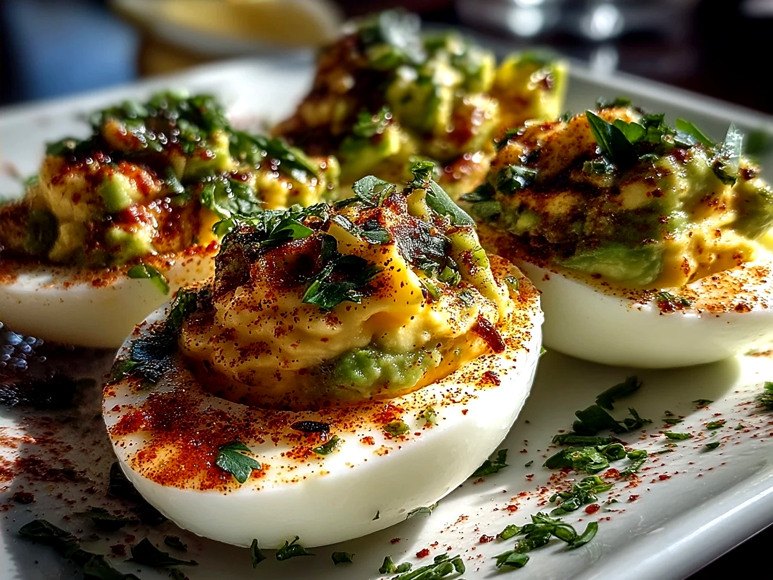 A serving of avocado deviled eggs garnished with smoked paprika and fresh cilantro on a wooden board
