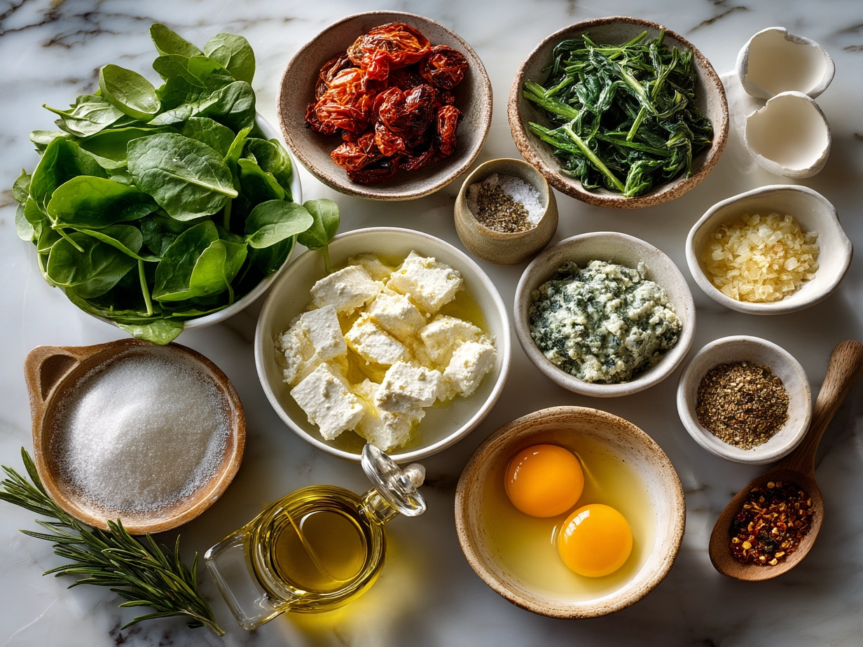 Ingredients for baked feta pasta with spinach laid out including pasta, cherry tomatoes, feta cheese, spinach, garlic and olive oil