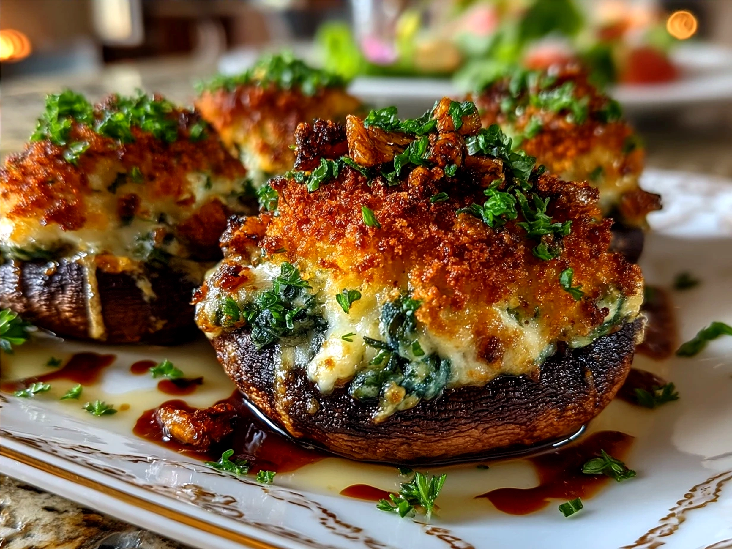 Plated Baked Stuffed Portobello Mushrooms served with fresh herbs and a side salad