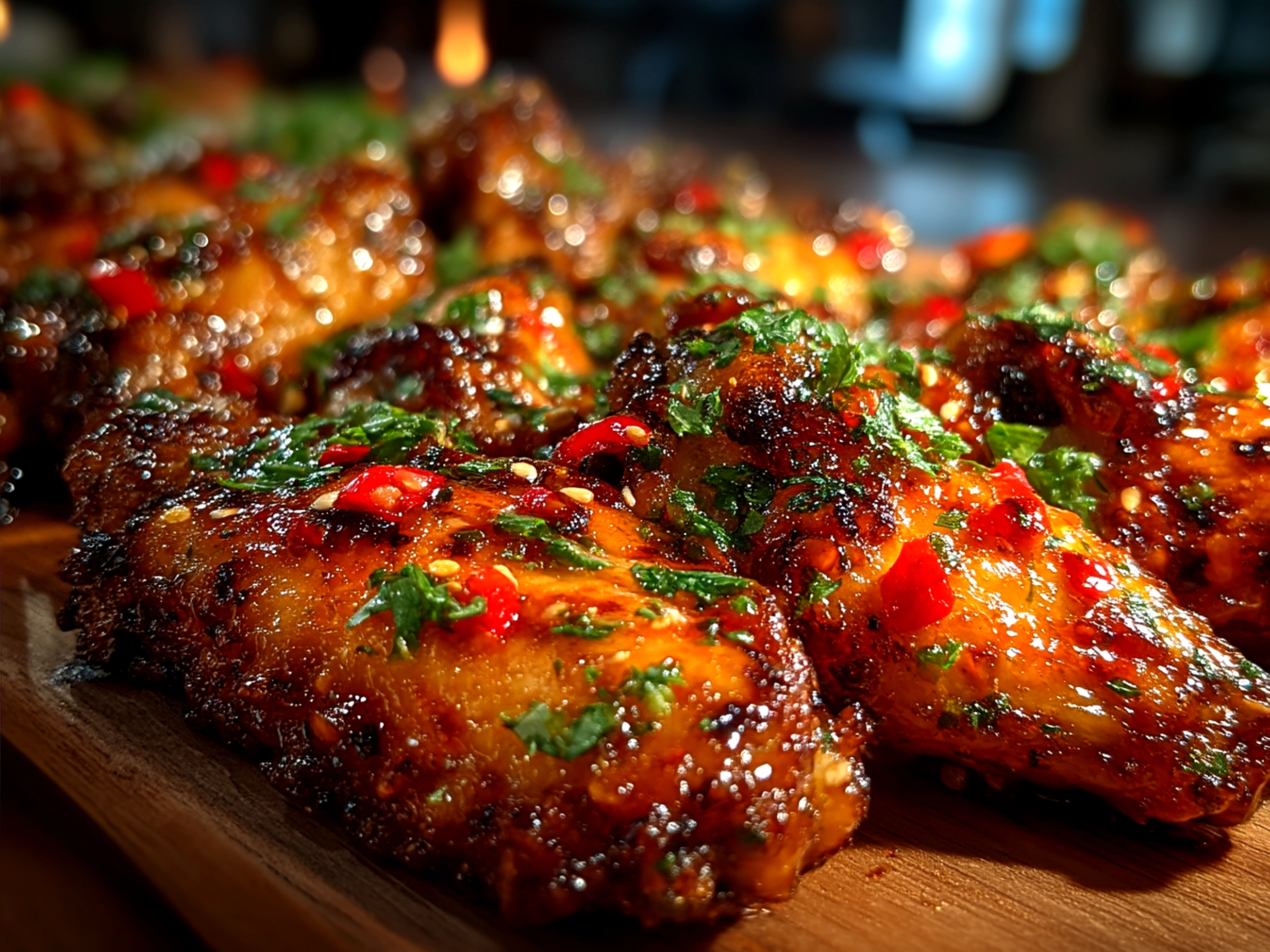 Serving plate of baked sweet chili wings garnished with fresh herbs