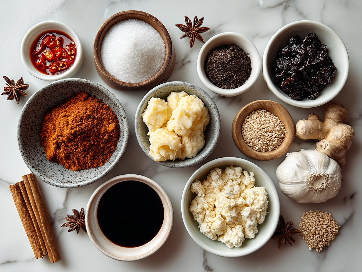 Ingredients for baked sweet chili wings including chicken wings, sweet chili sauce, garlic, ginger, honey, soy sauce, rice vinegar, and cornstarch