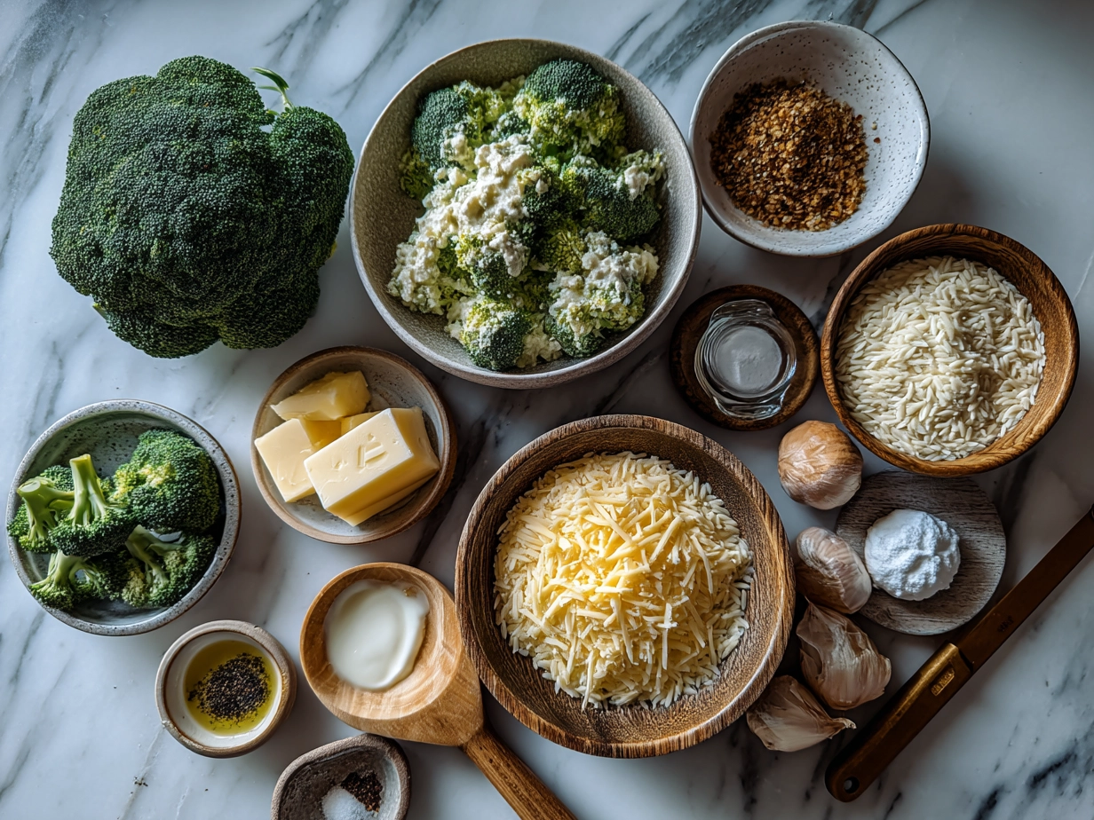 Ingredients for Broccoli Cheddar Orzo Bake including orzo pasta, broccoli, cheese, milk, and seasoning