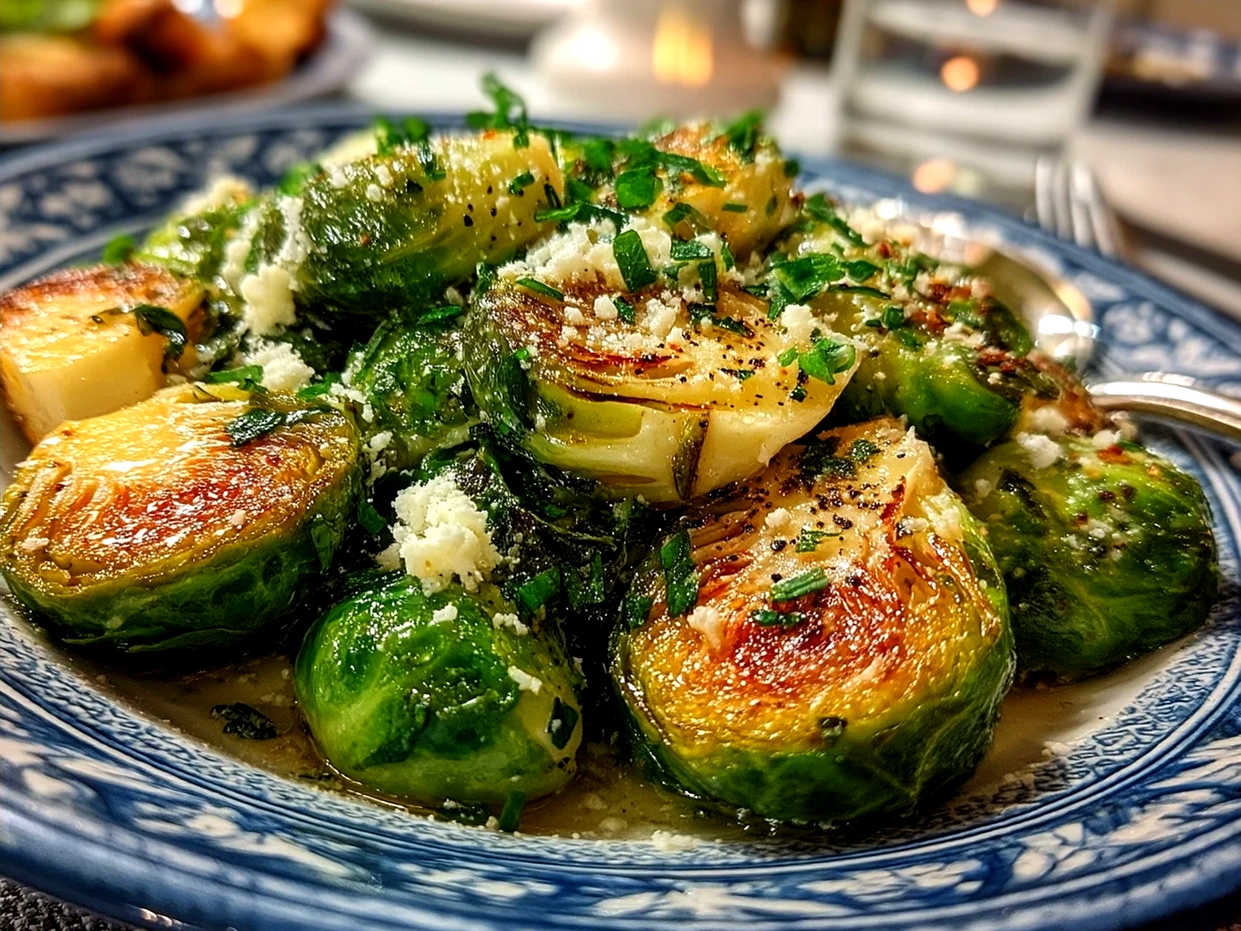 Served Brussels Sprouts Caesar salad with roasted sprouts, croutons, and grated Parmesan