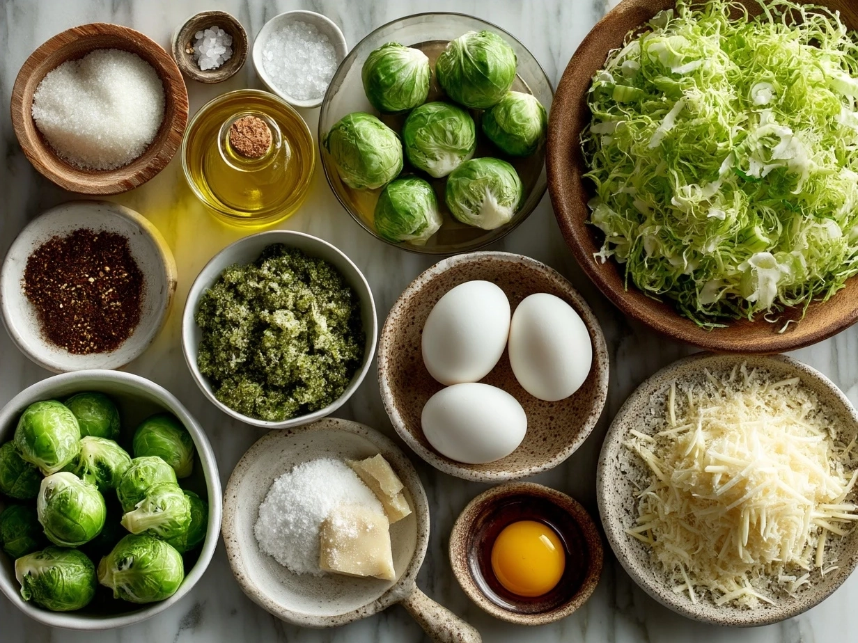 Ingredients for Brussels Sprouts Caesar including fresh Brussels sprouts, olive oil, Caesar dressing, croutons, and Parmesan cheese