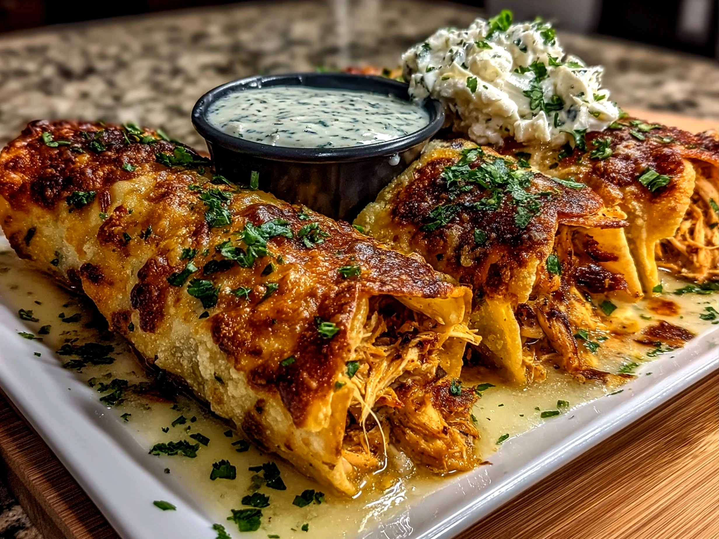 Plated Buffalo Chicken Taquitos served with dipping sauces, garnished with fresh herbs