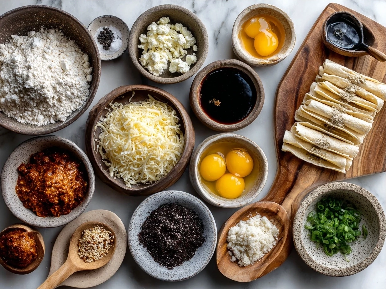 Ingredients laid out for Buffalo Chicken Taquitos showing chicken, buffalo sauce, cream cheese, celery, shredded cheese, and tortillas