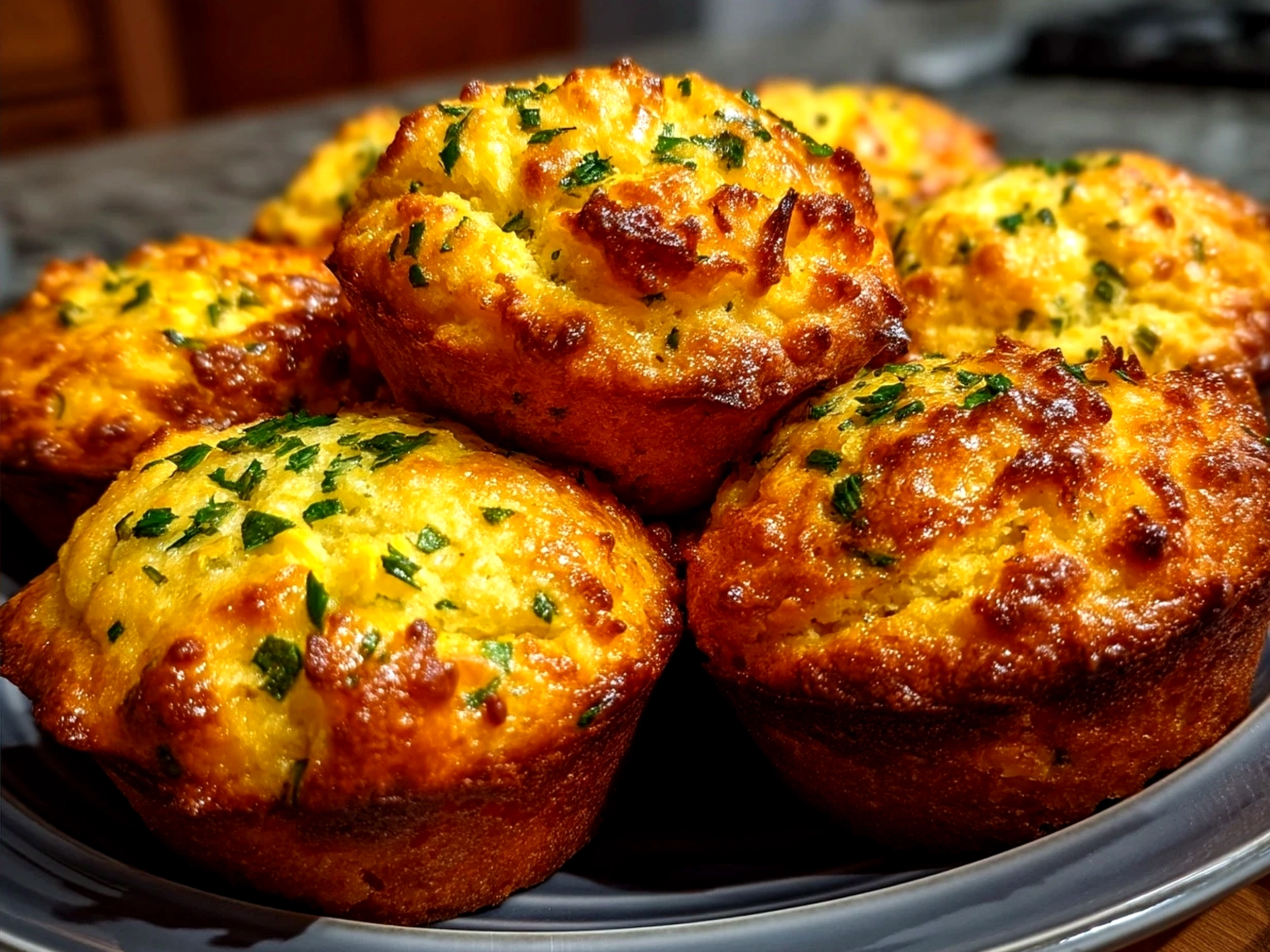 Golden Cheddar Jalapeño Cornbread Muffins served on a rustic plate