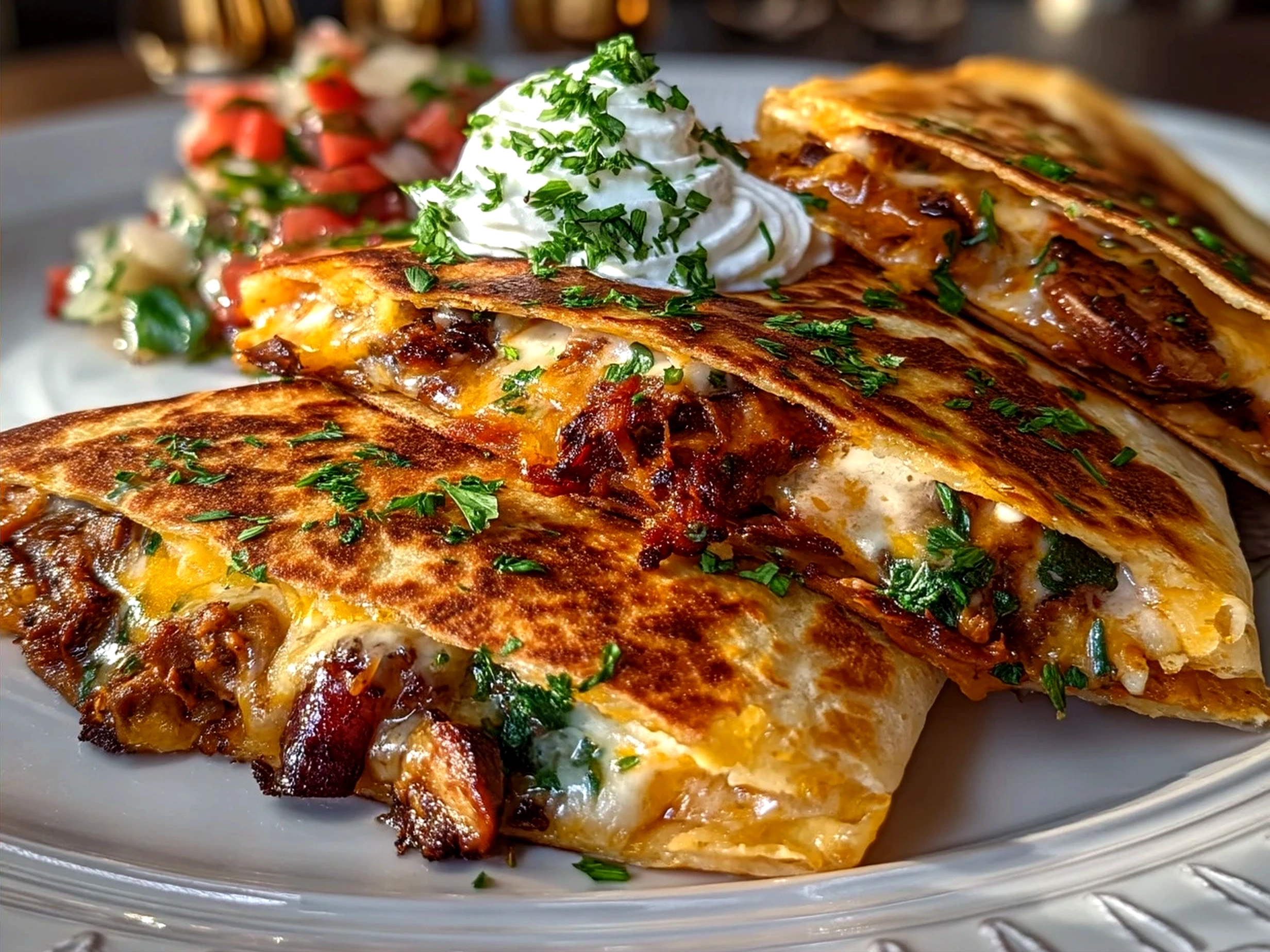 Serving a warm cheese quesadilla with sides of guacamole and tomato salsa
