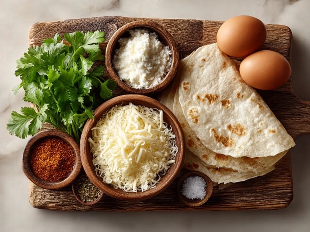 Ingredients for making a cheese quesadilla including flour tortillas and Mexican cheese blend
