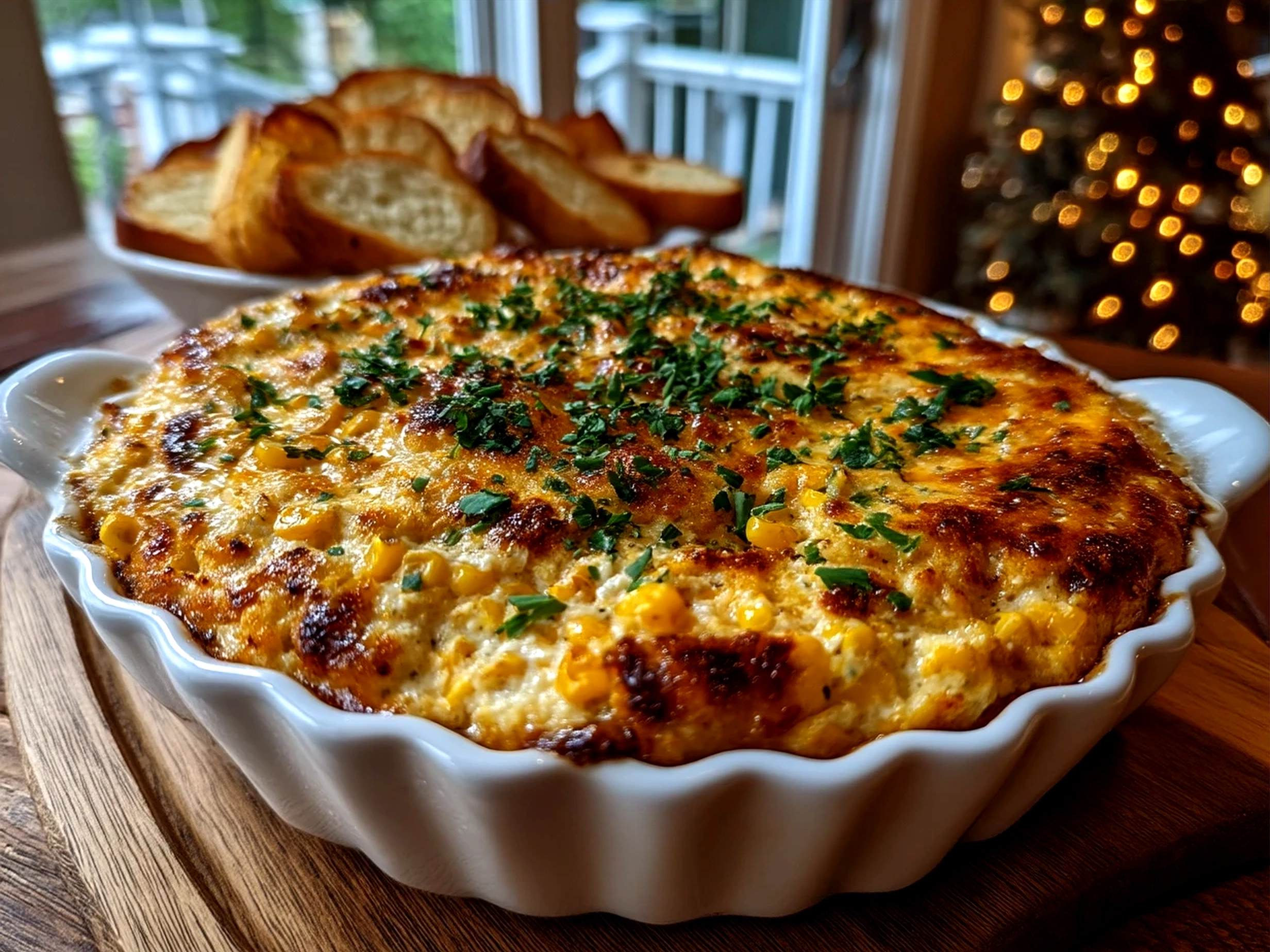 Serving Cheesy Crowd-Pleaser Corn Dip with tortilla chips and fresh vegetables