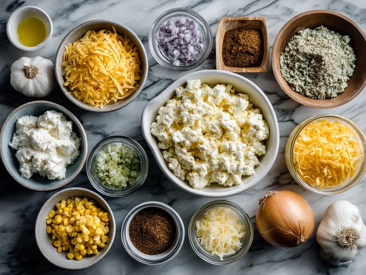 Ingredients for Cheesy Crowd-Pleaser Corn Dip including corn, cream cheese, cheddar, and herbs
