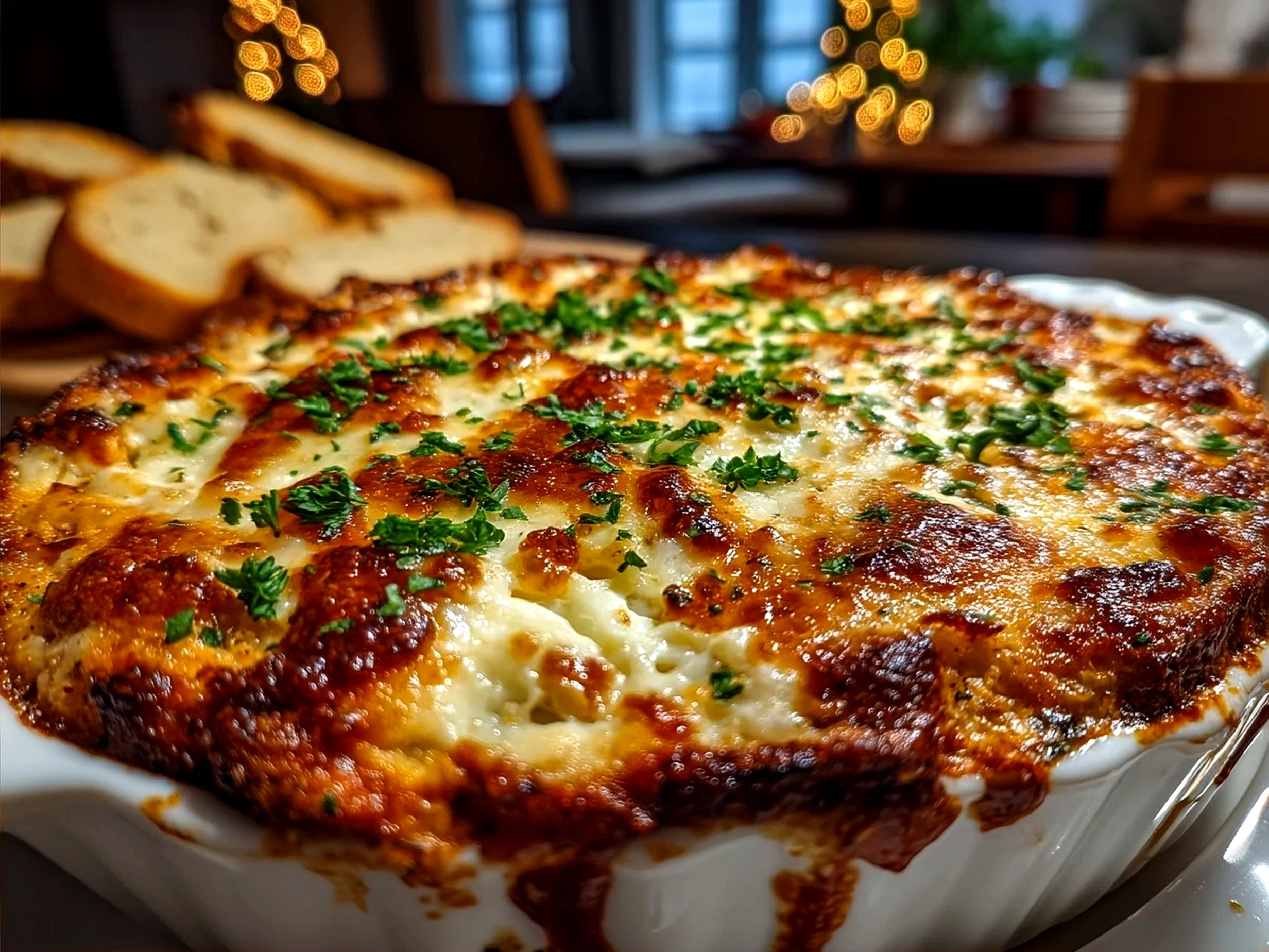Cheesy pizza dip served with various dippers on a rustic table
