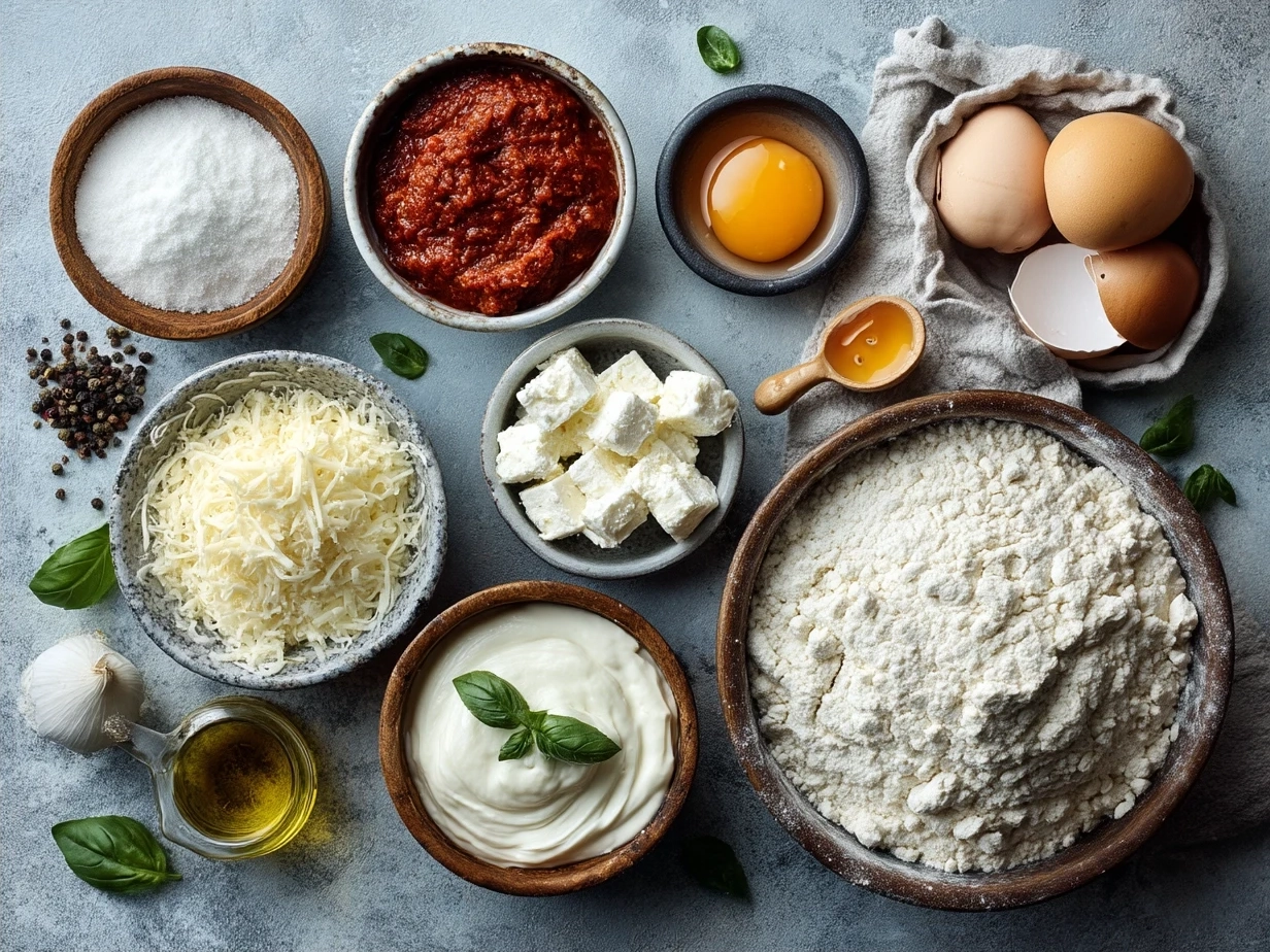 Ingredients for cheesy pizza dip including cream cheese, mozzarella, parmesan, pizza sauce, pepperoni and herbs