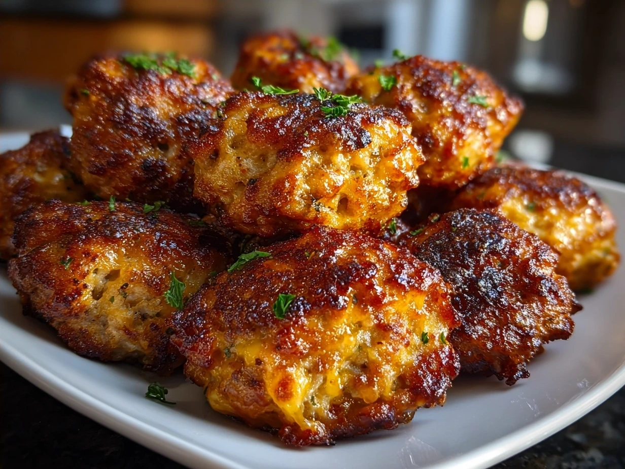 Freshly baked Cheesy Rotel Sausage Balls served on a wooden platter garnished with herbs