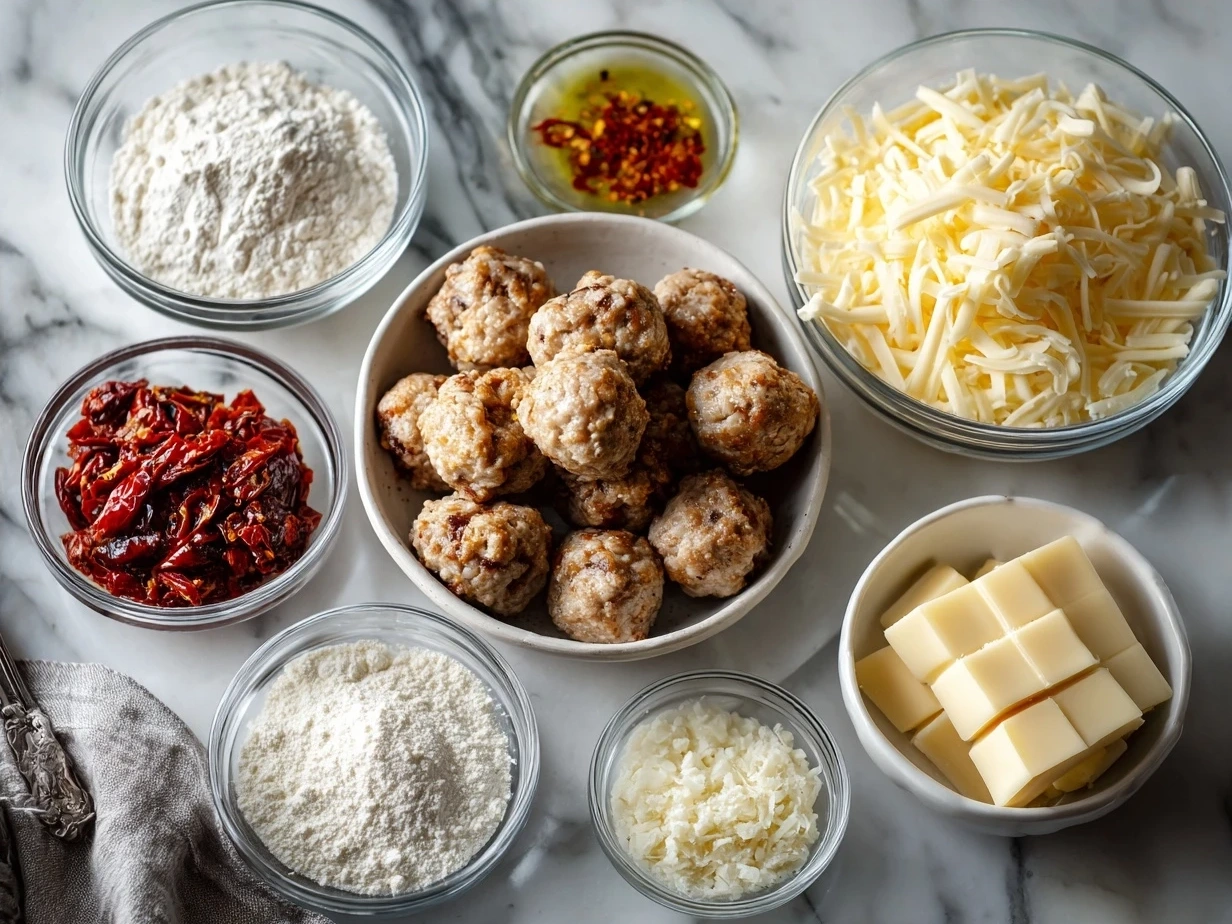 Ingredients for Cheesy Rotel Sausage Balls including bulk pork sausage, sharp cheddar cheese, Rotel diced tomatoes and green chilies, self-rising biscuit mix, cream cheese, and spices