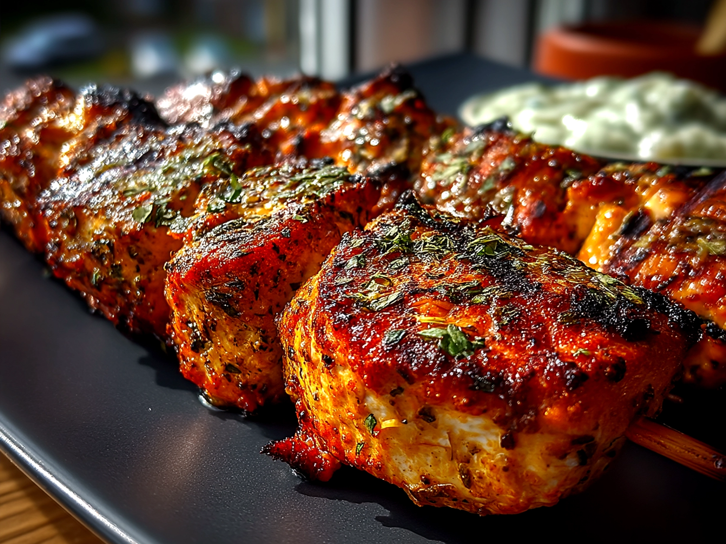 Beautifully plated Chicken Kebabs garnished with fresh herbs and lemon wedges