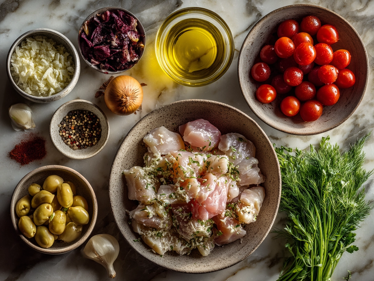 Ingredients for Chicken Kebabs including olive oil, garlic, spices, and fresh herbs