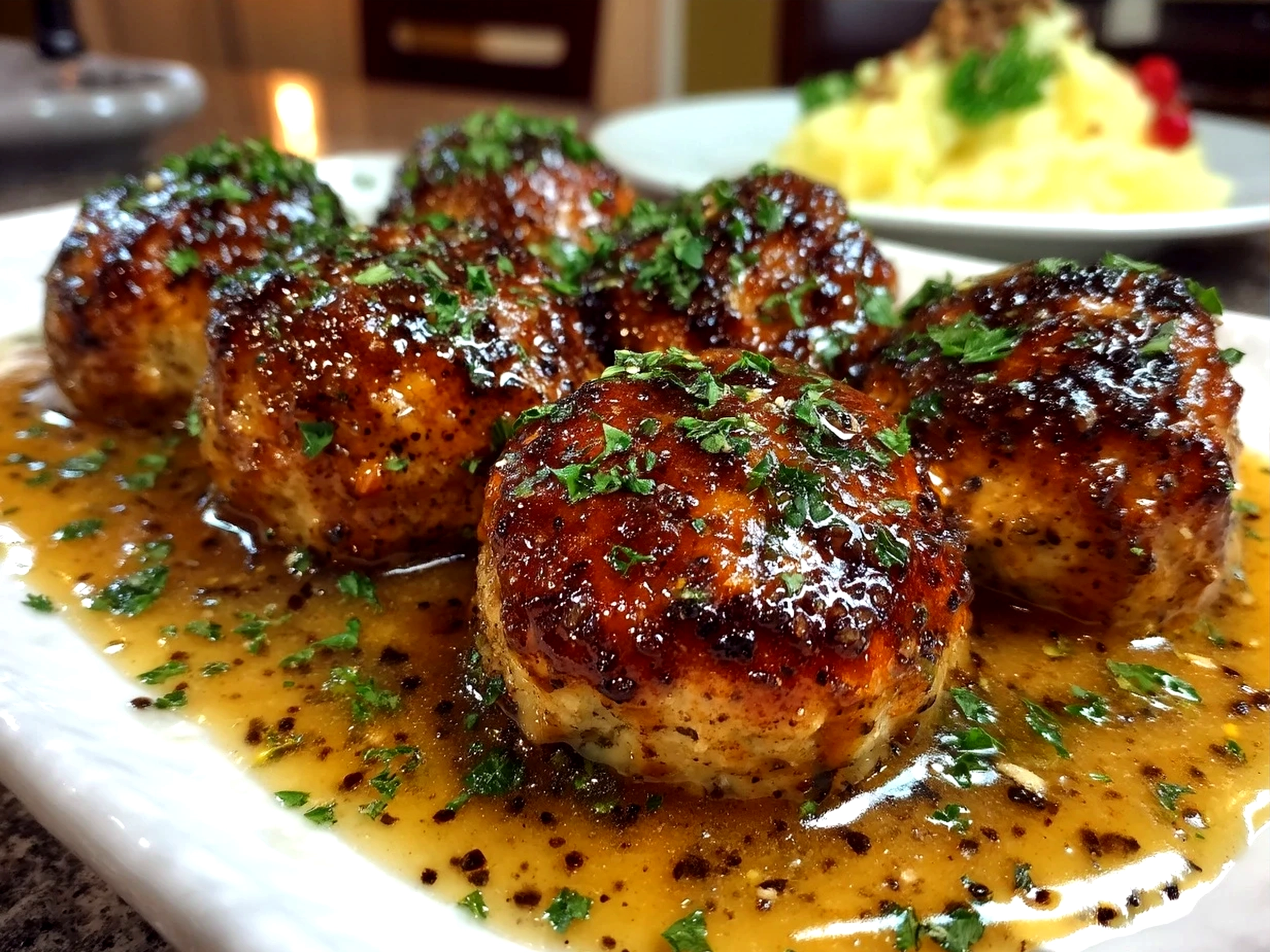 Plated Chicken Marsala Meatballs served with sauce and garnished with parsley