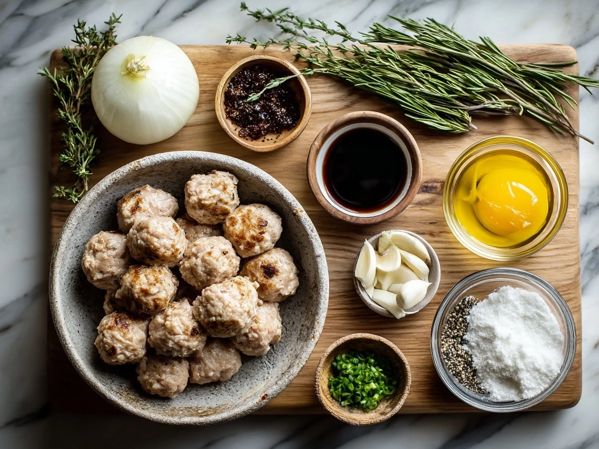 Ingredients for Chicken Marsala Meatballs including ground chicken, cremini mushrooms, Parmesan, parsley, garlic, and Marsala wine
