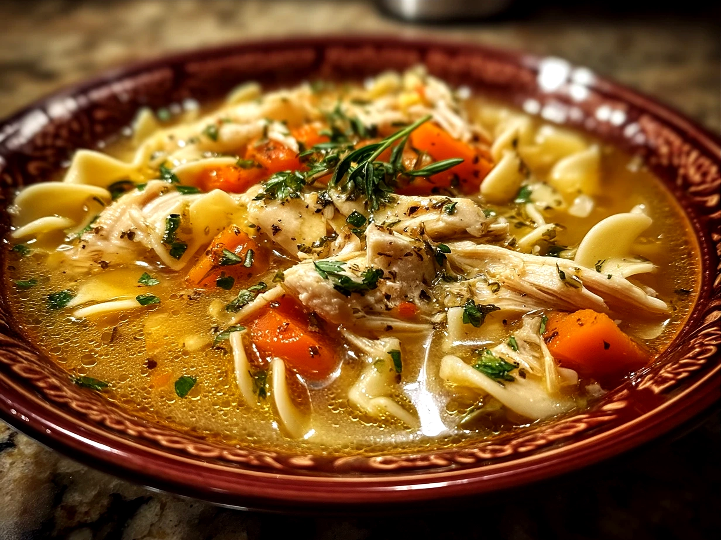 A bowl of homemade chicken noodle soup garnished with fresh herbs served with crusty bread