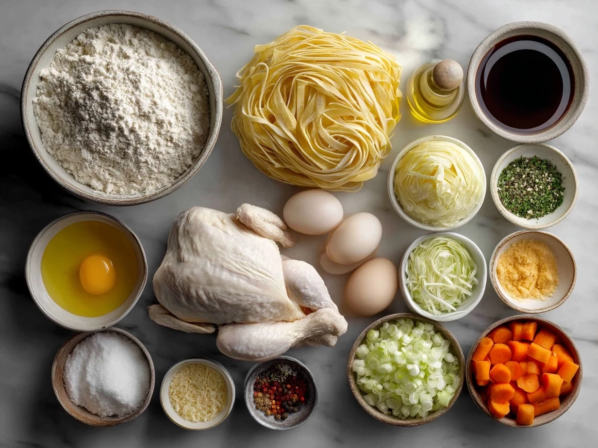 Fresh ingredients for chicken noodle soup including carrots, celery, onions, garlic, and herbs
