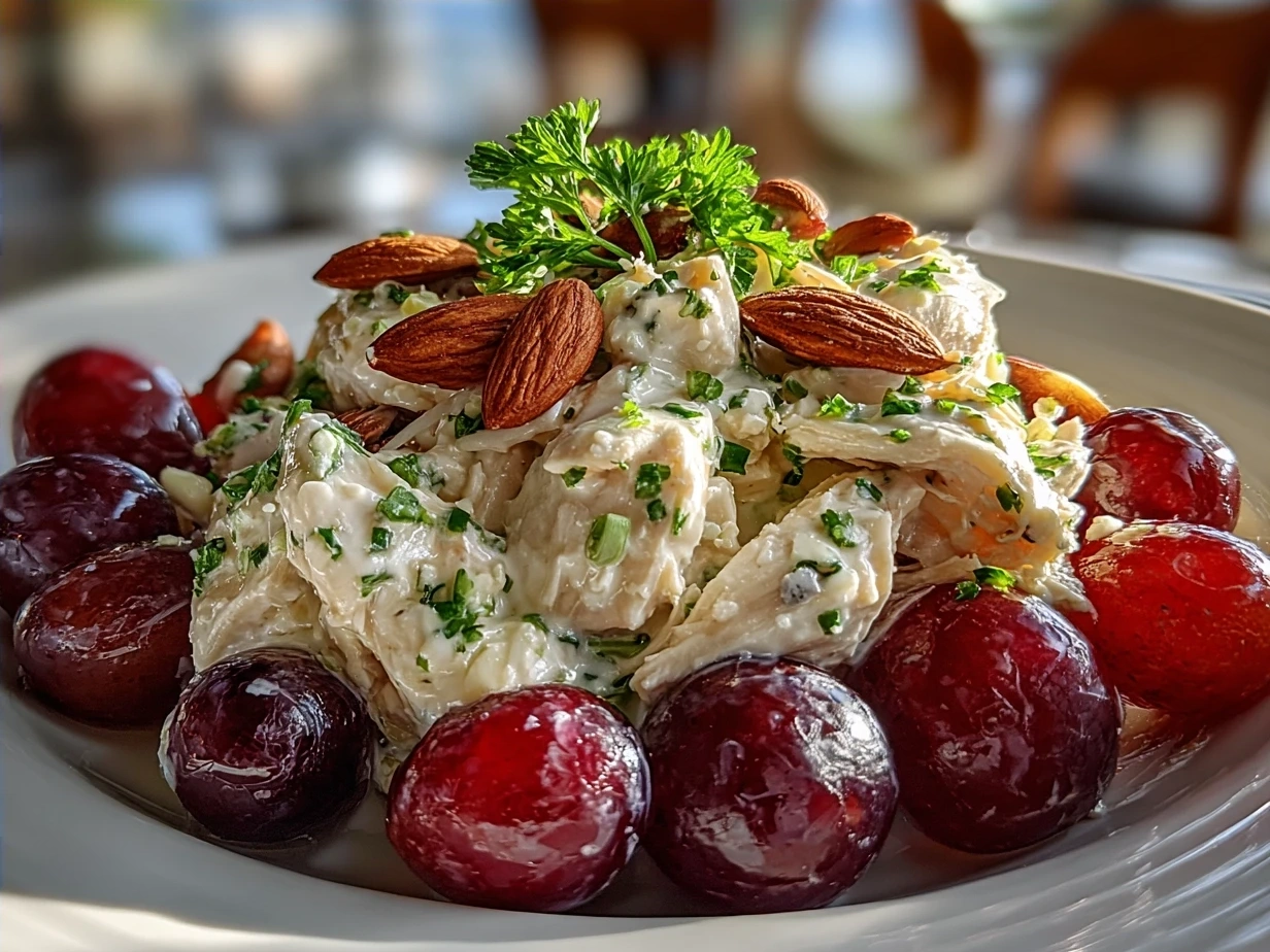 Final presentation of Chicken Salad Chick Grape Salad in a clear dish highlighting creamy texture and red grapes