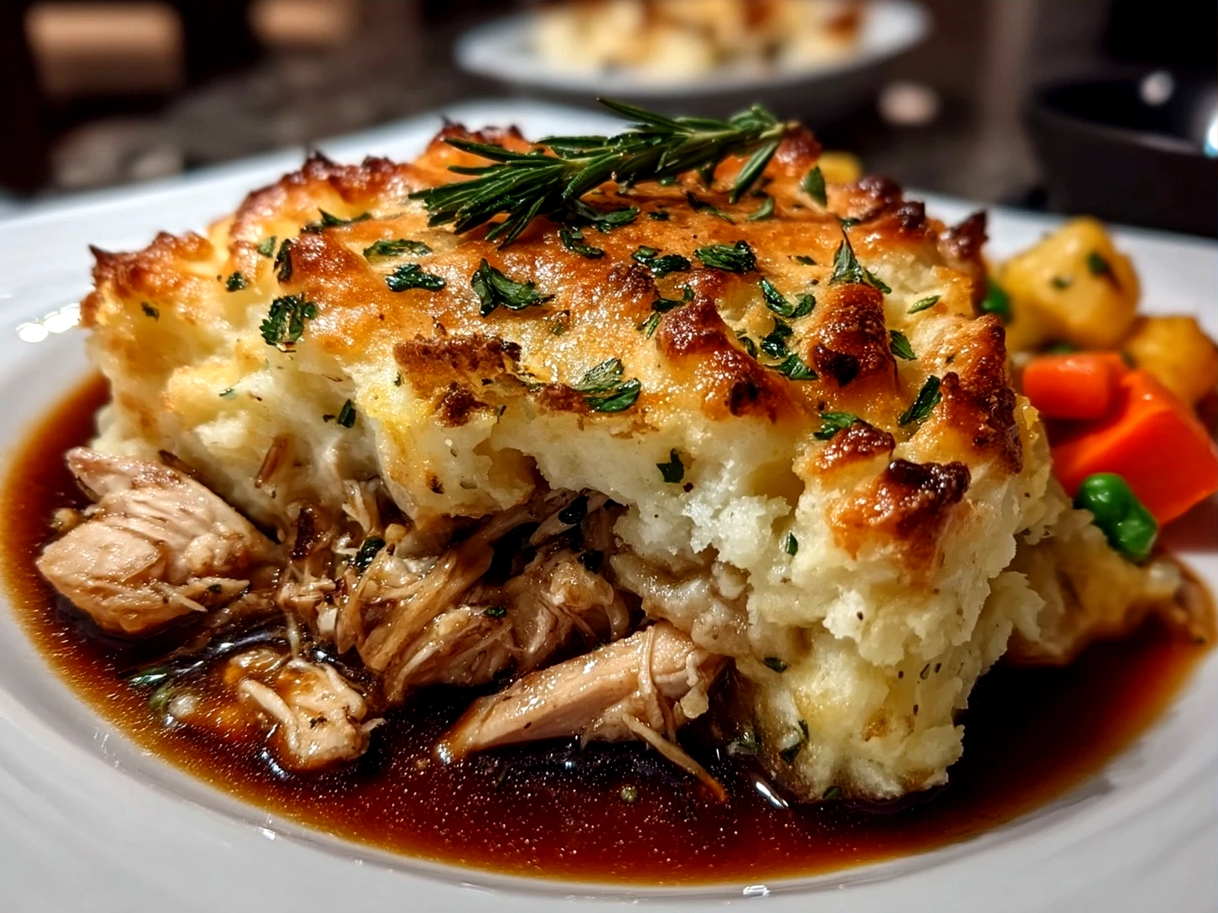 Serving of Chicken Shepherds Pie with golden mashed potato topping and hearty chicken filling