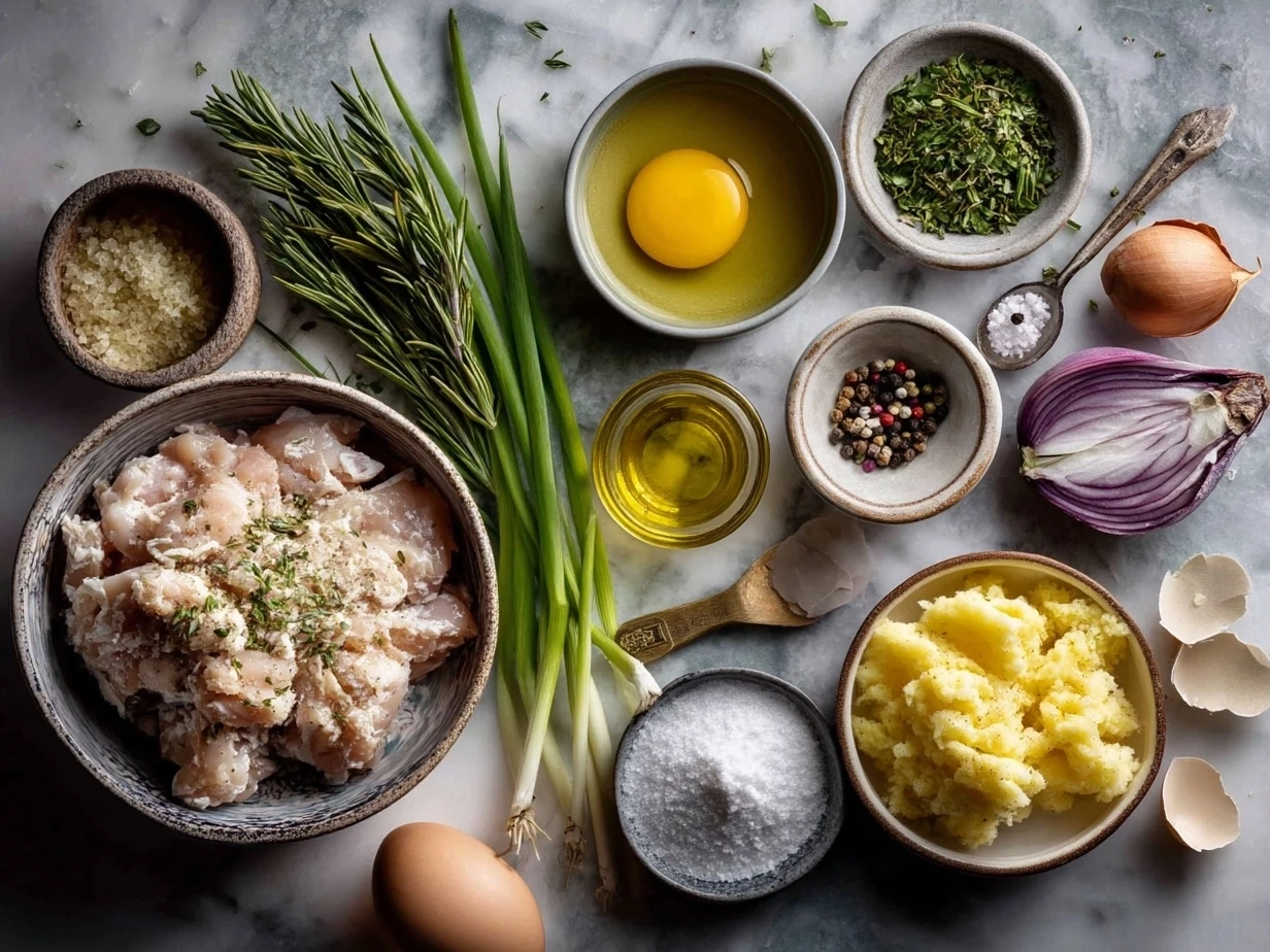 Ingredients for Chicken Shepherds Pie: chicken thighs, Yukon Gold potatoes, carrots, peas, onions, garlic, butter, flour, chicken stock, thyme, milk