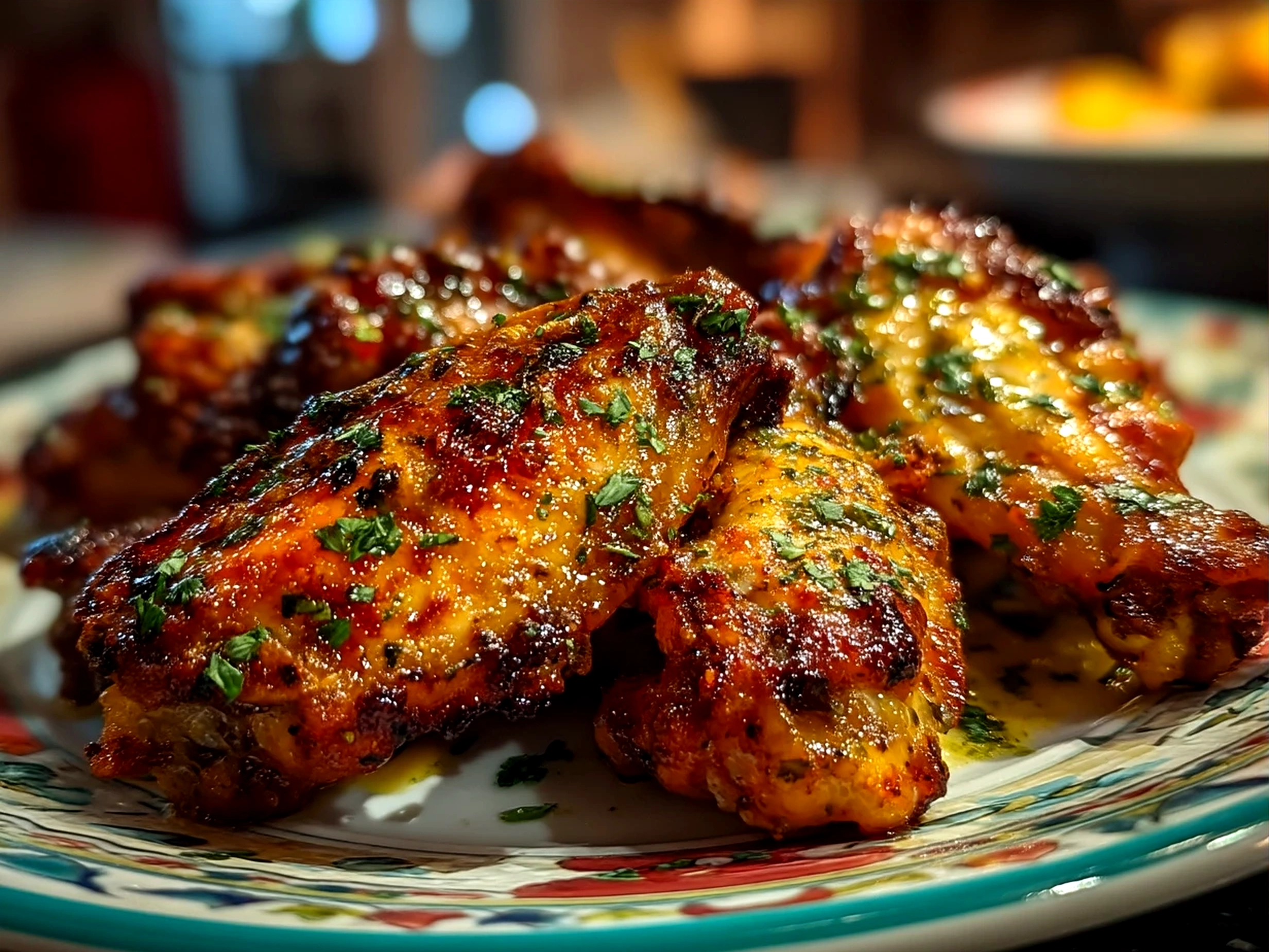 A serving platter of crispy baked chicken wings with dipping sauces and celery sticks