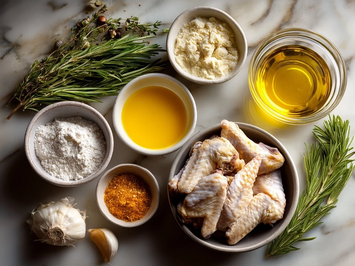 Ingredients for making crispy chicken wings including chicken, baking powder, hot sauce, butter, and spices