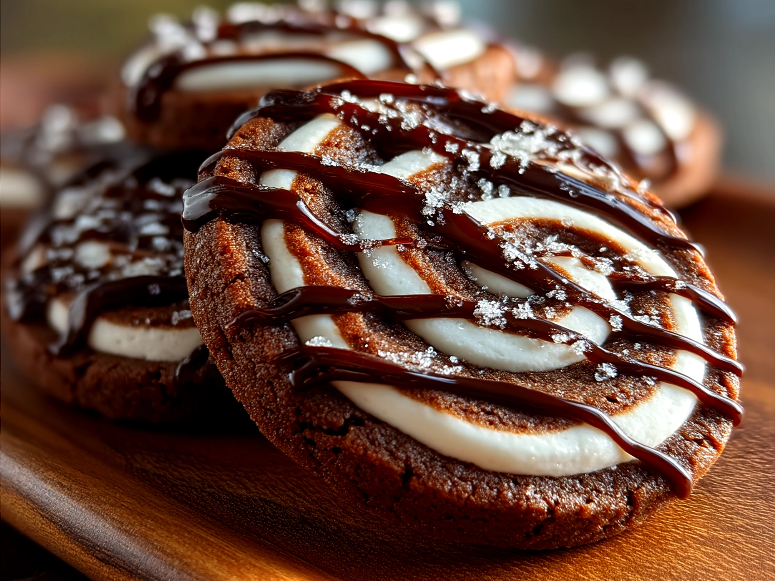 Finished Chocolate Marshmallow Swirl Cookies on a wooden serving platter