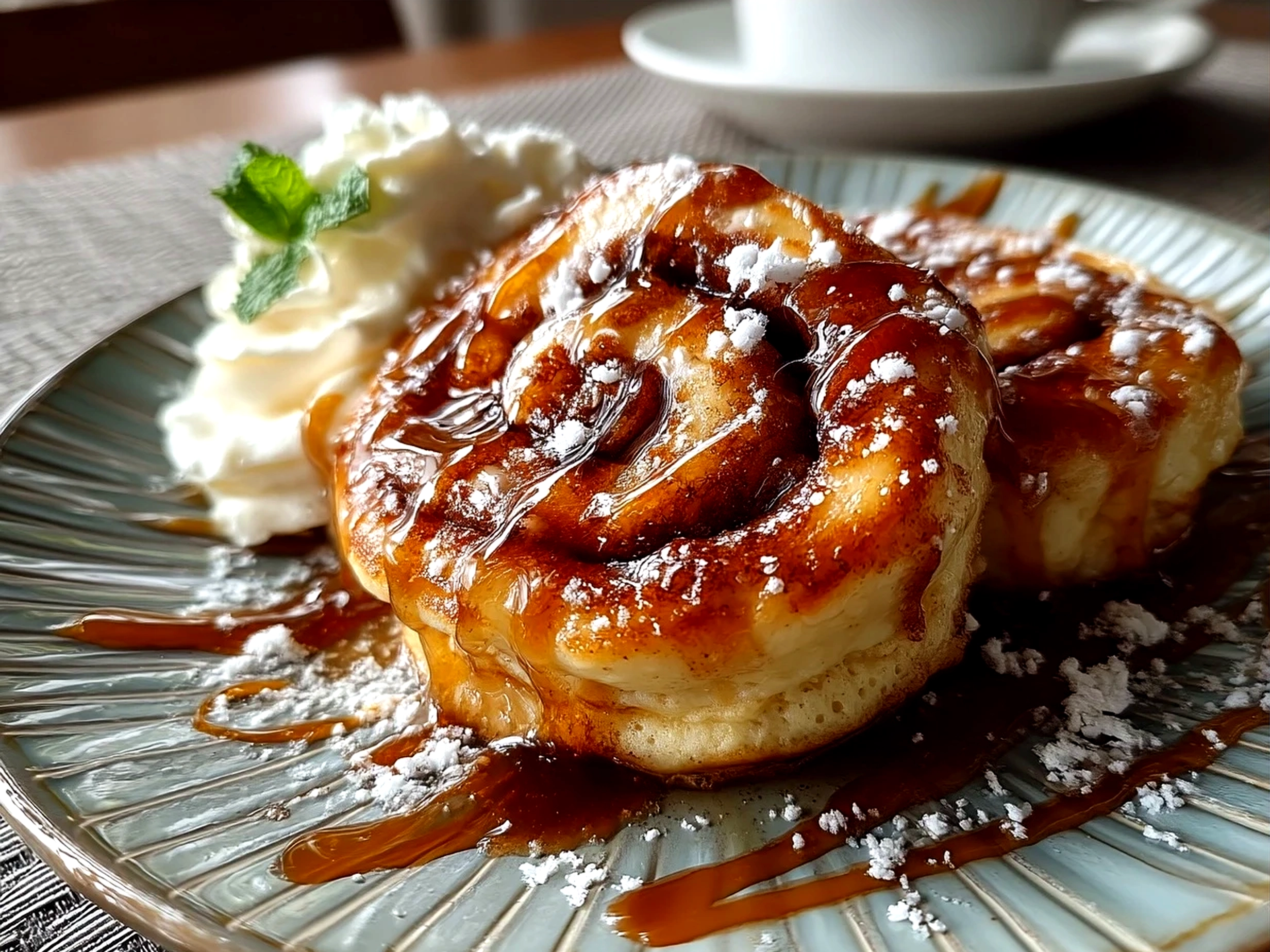 Stack of freshly made Cinnamon Roll Pancakes drizzled with cream cheese glaze and fresh berries