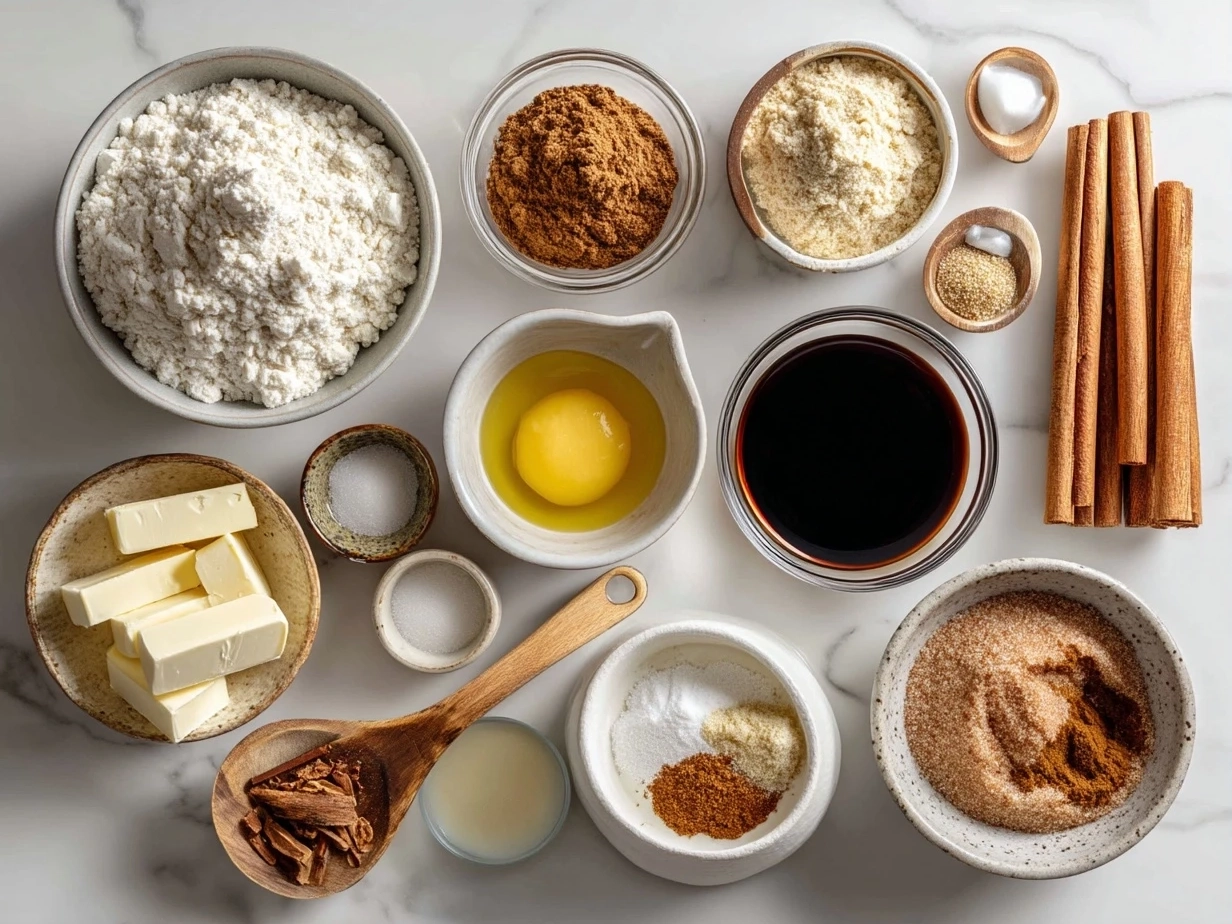 Ingredients for Cinnamon Roll Pancakes including flour, baking powder, butter, cinnamon, brown sugar, eggs, and milk