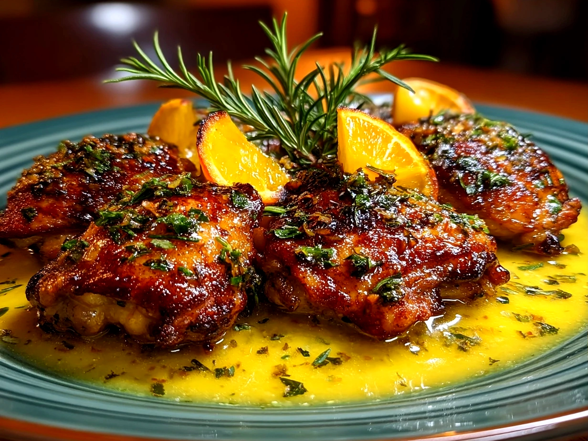 Praesentation of Citrus Chicken Thighs plated with fresh herbs and citrus slices
