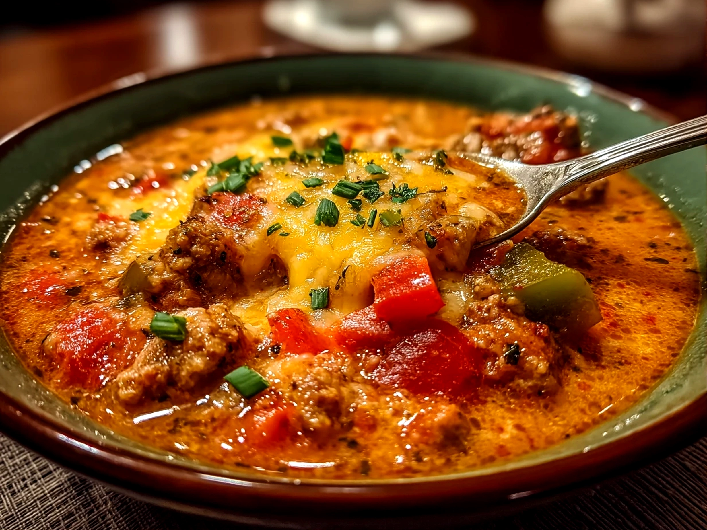 Close up of comforting stuffed pepper soup ready to eat in a bowl with fresh herbs garnish