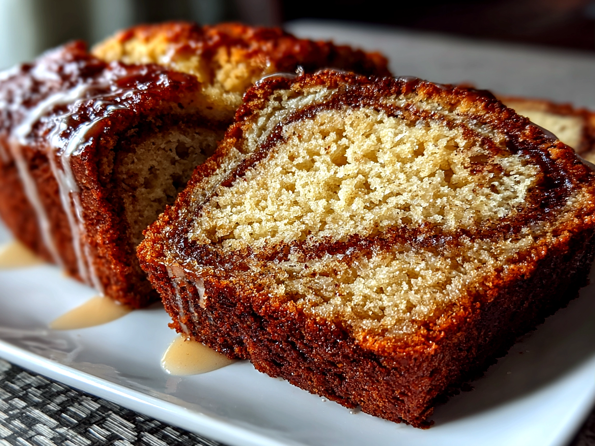 Close-up of freshly prepared cinnamon swirl banana bread on white plate