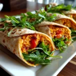 Close-up of freshly prepared Roasted Red Pepper Hummus Wraps