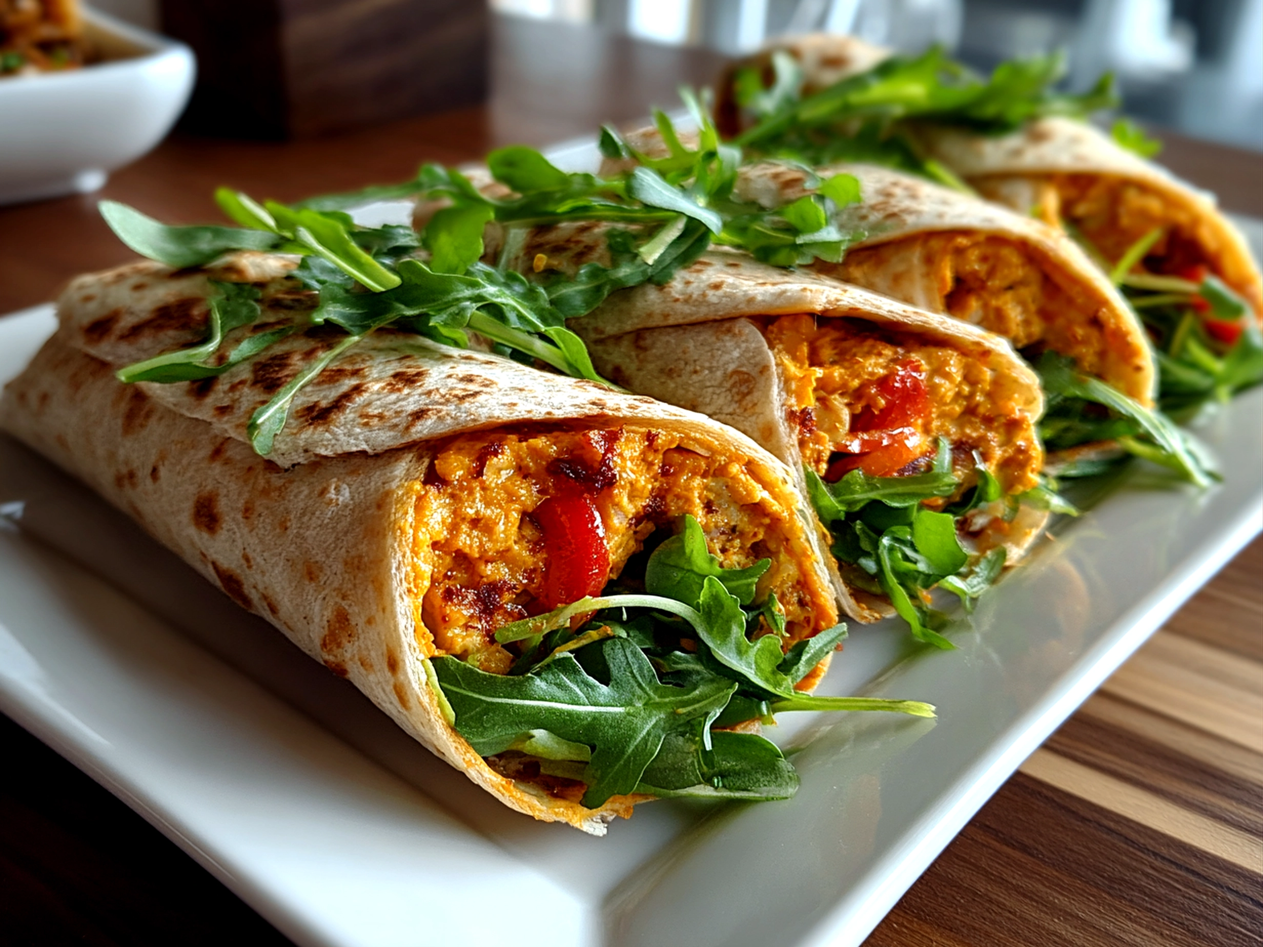 Close-up of freshly prepared Roasted Red Pepper Hummus Wraps