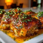 Close-up of freshly prepared Sticky Honey Garlic Thighs on white plate