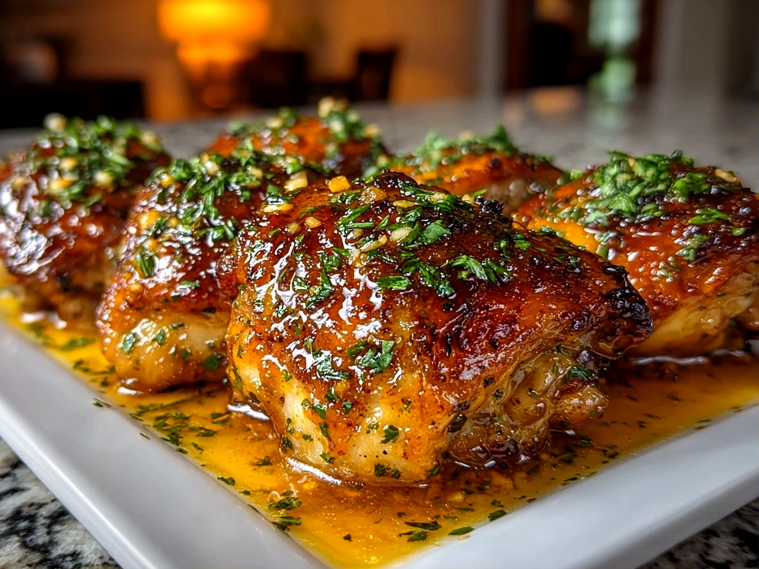Close-up of freshly prepared Sticky Honey Garlic Thighs on white plate