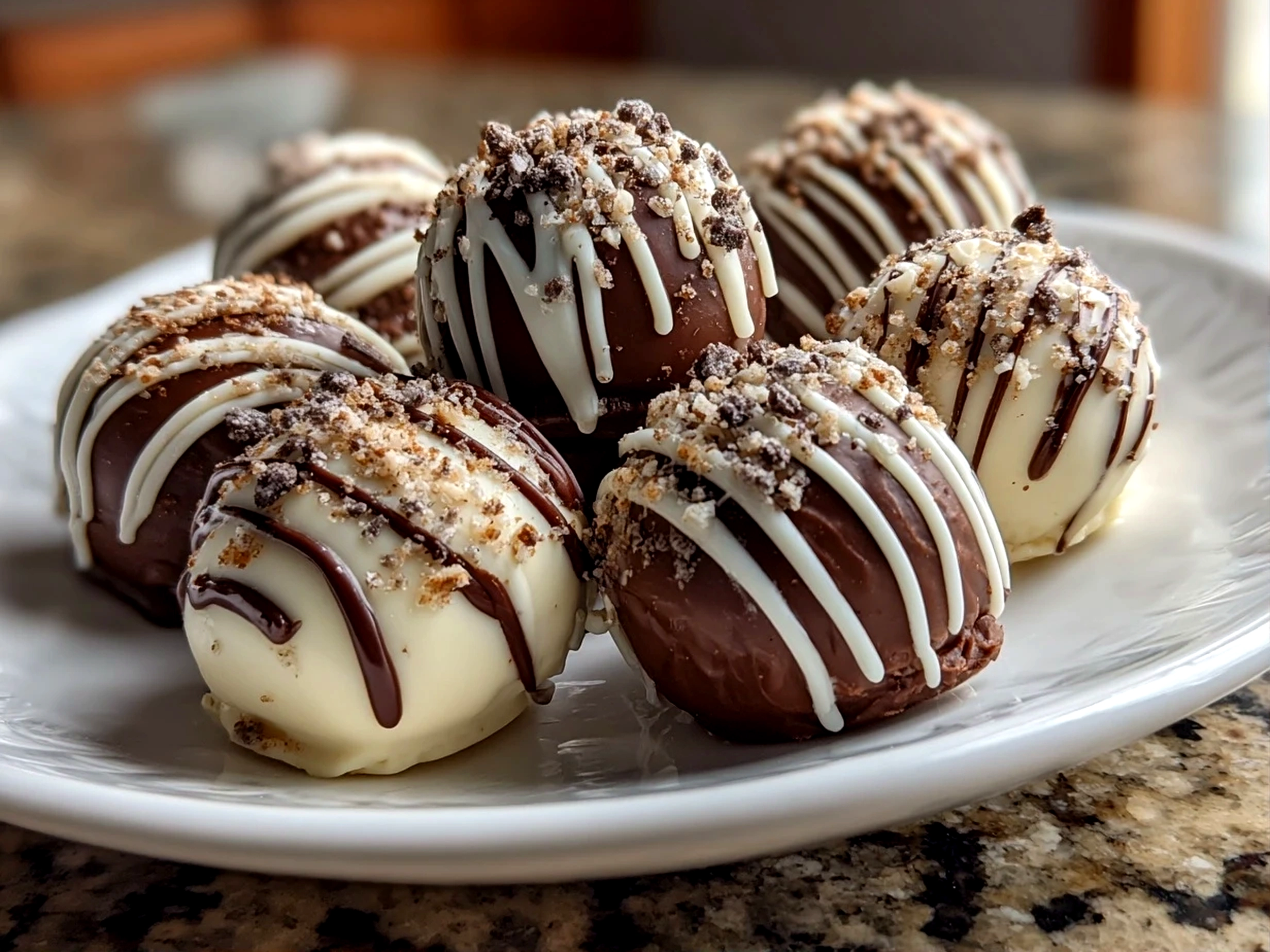 Close-up of homemade shaped Oreo truffles on white plate