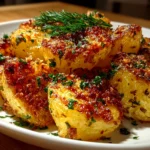 Close-up of oven-crisped parmesan potatoes on white plate