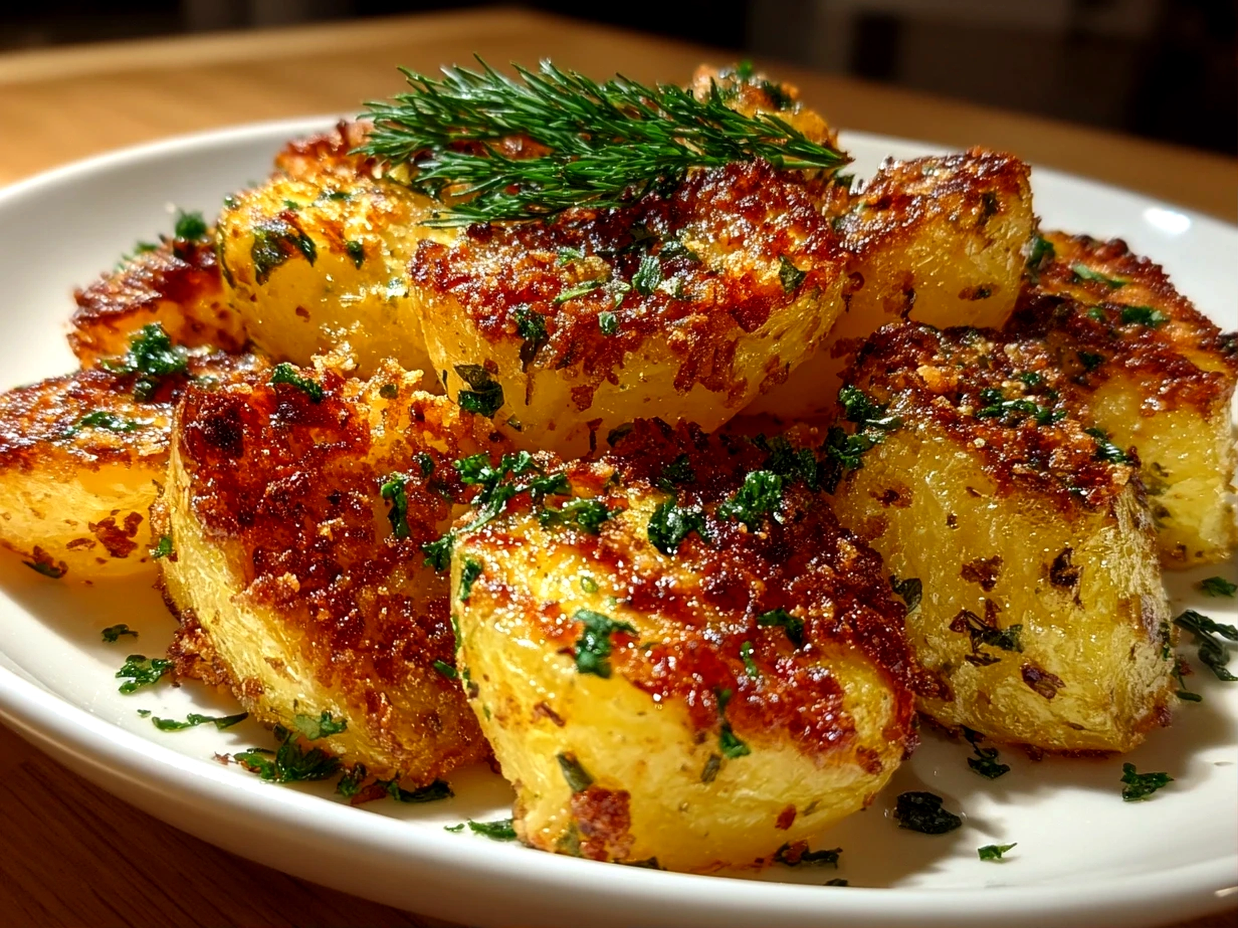Close-up of oven-crisped parmesan potatoes on white plate