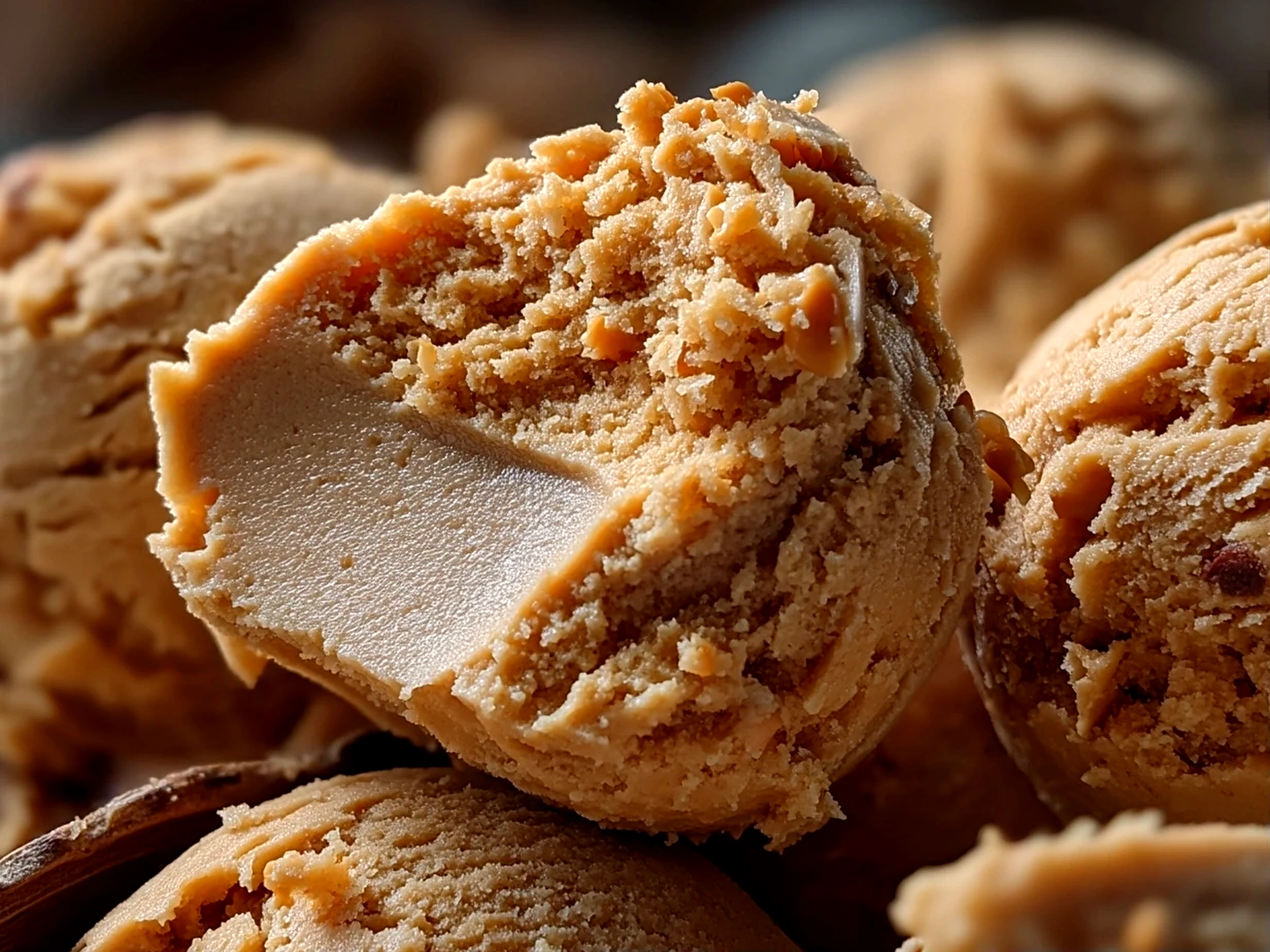 Close up of ready-to-eat peanut butter cookie bites with crumbs on surface